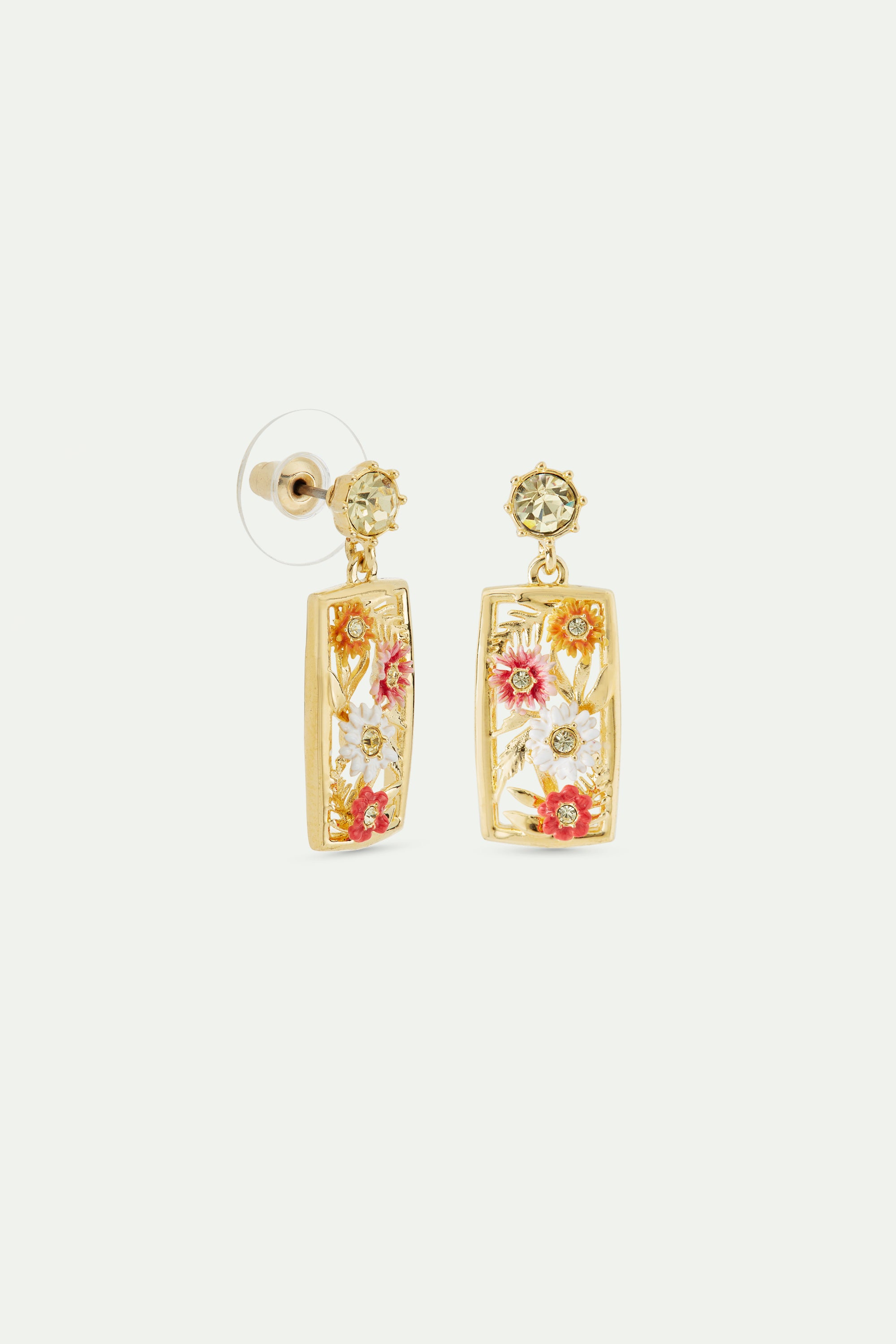 Gold-plated openwork post earrings with zinnias and faceted yellow crystal