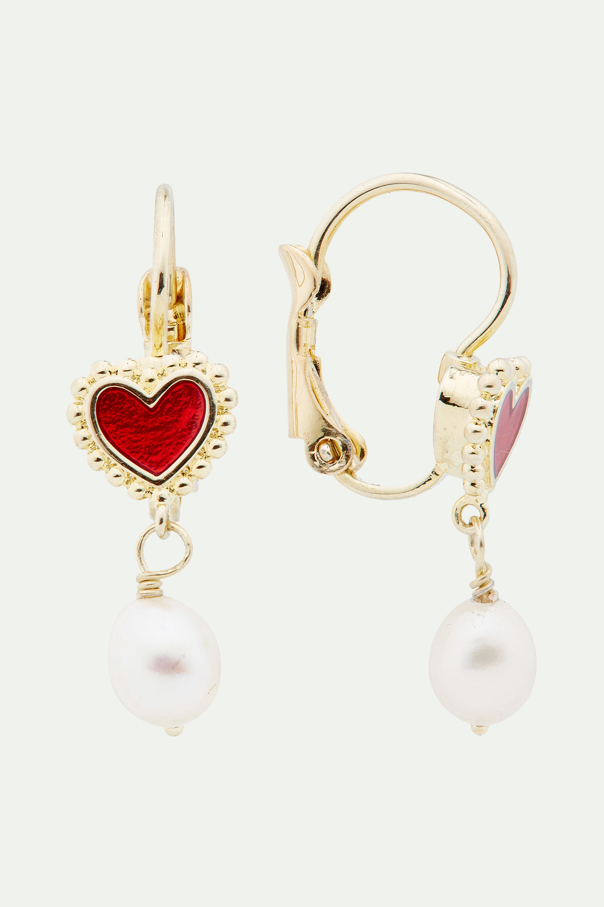 Heart and cultured pearl sleeper earrings