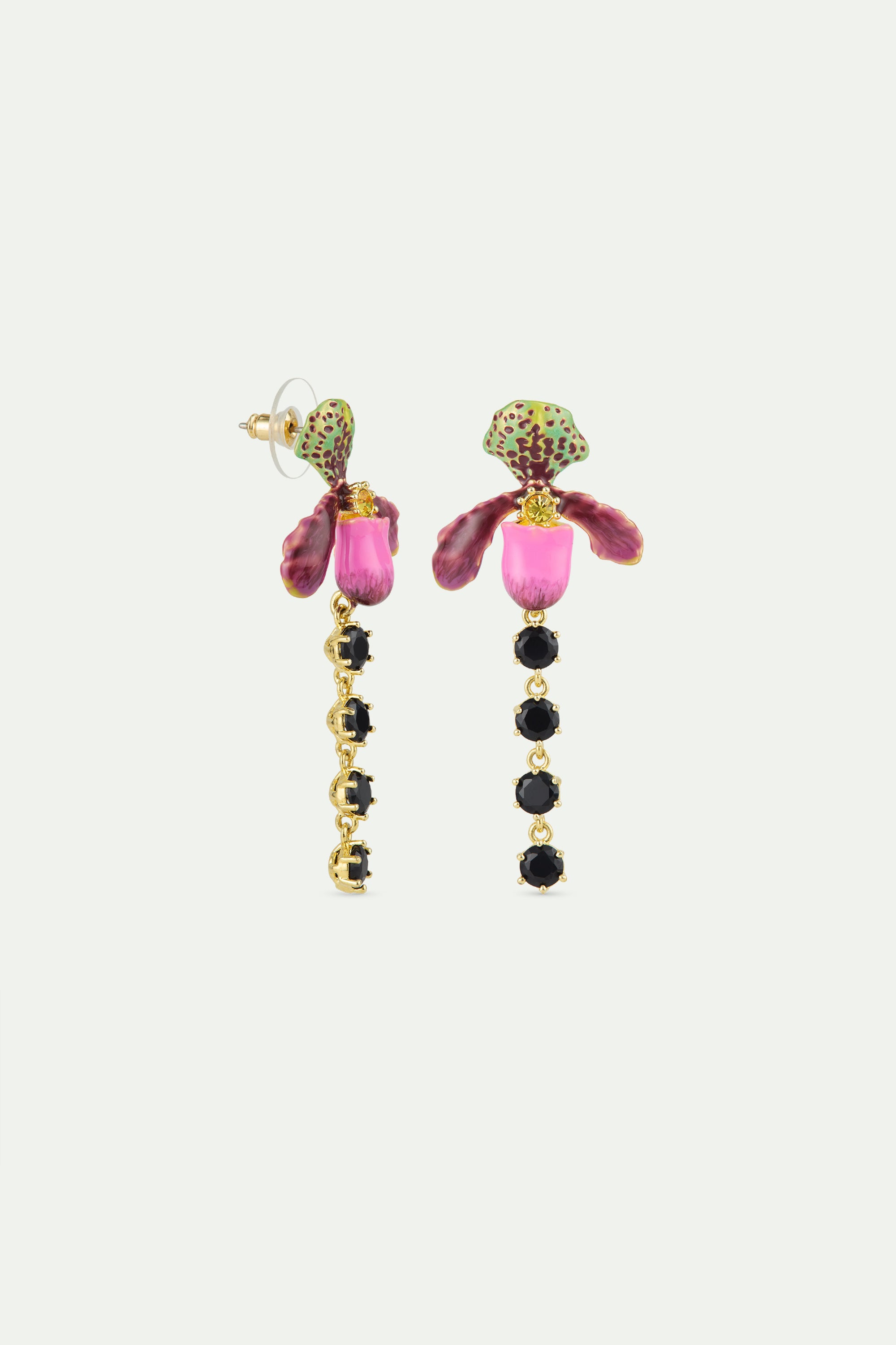 Dangle earrings with purple lady's slipper orchid and black faceted glass
