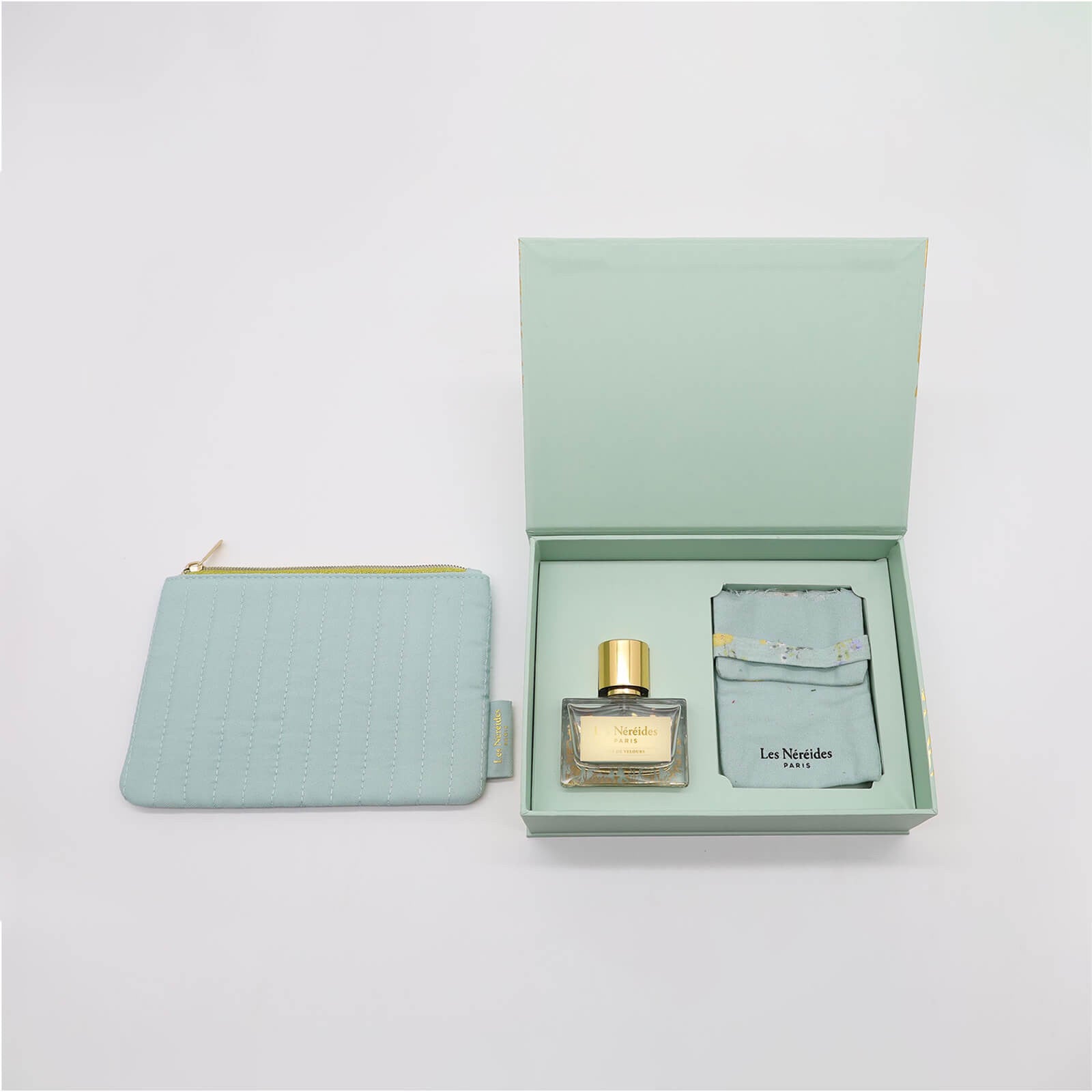 Caja de descubrimiento con perfume Pas de Velours 30 ML + pulsera flores de vanilla y cristales + bolsita de maquillaje