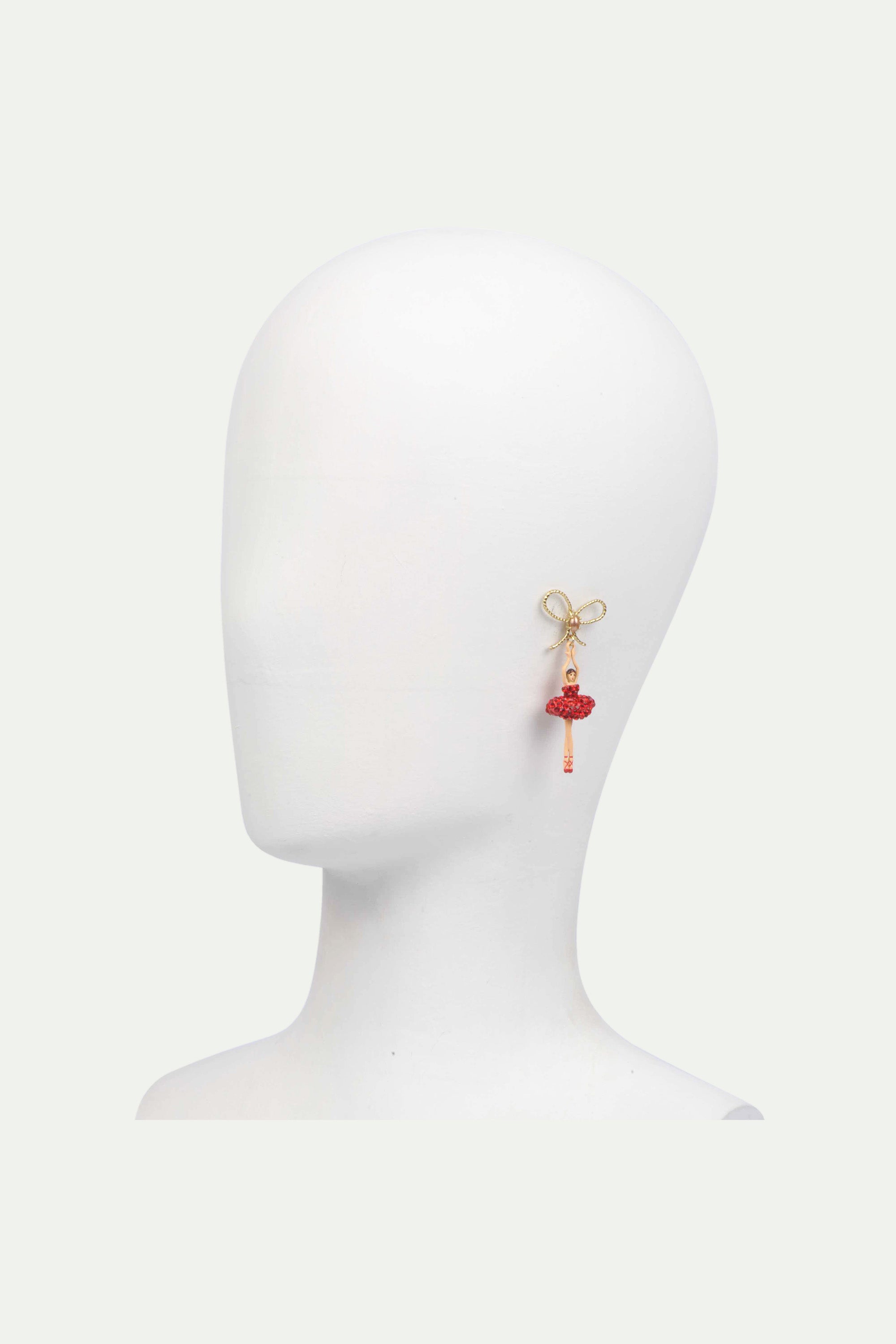 Asymmetrical Clip on earrings ballerina with tutu paved with red rhinestones