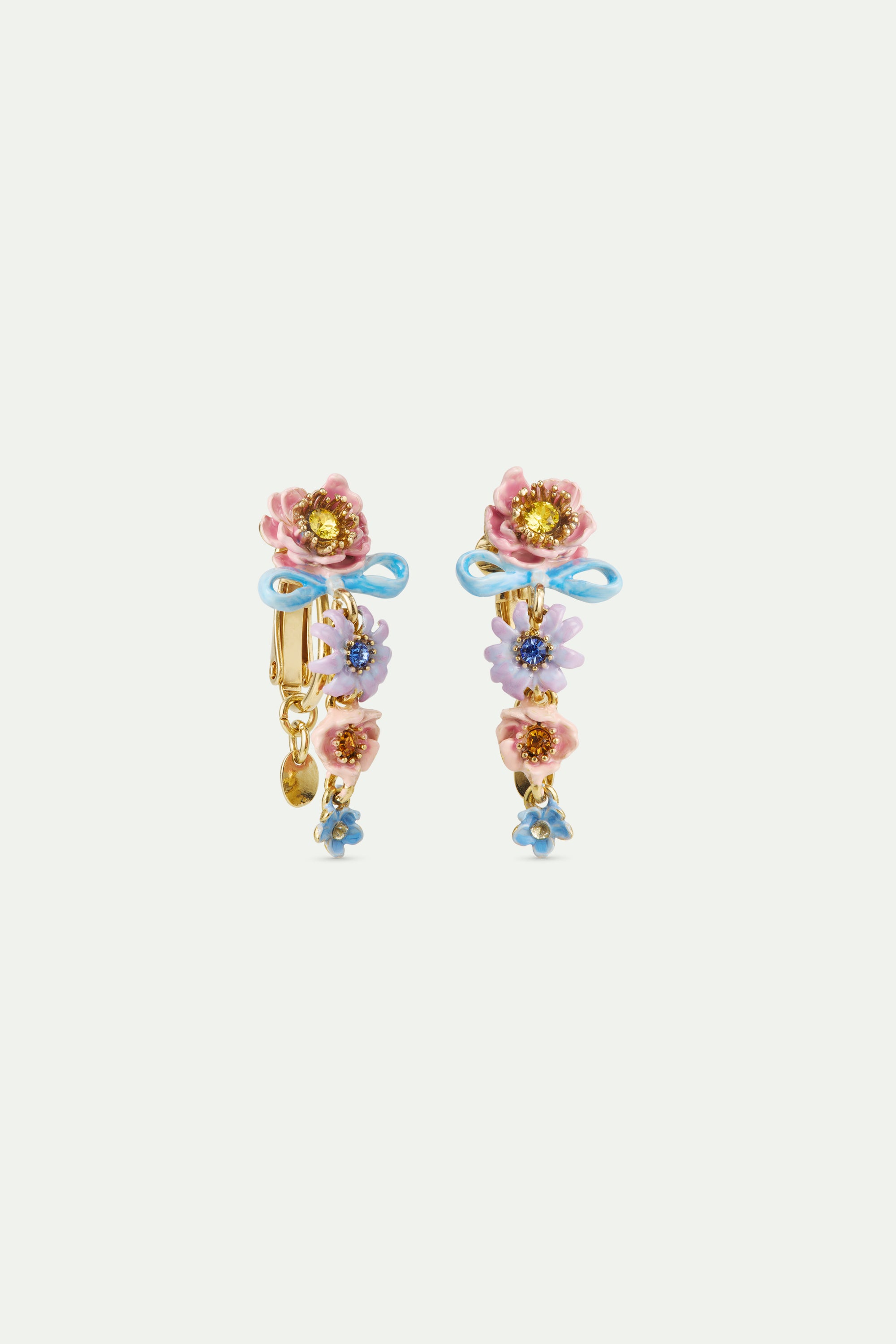 Pink and blue flowers and fine ribbon dangle earrings