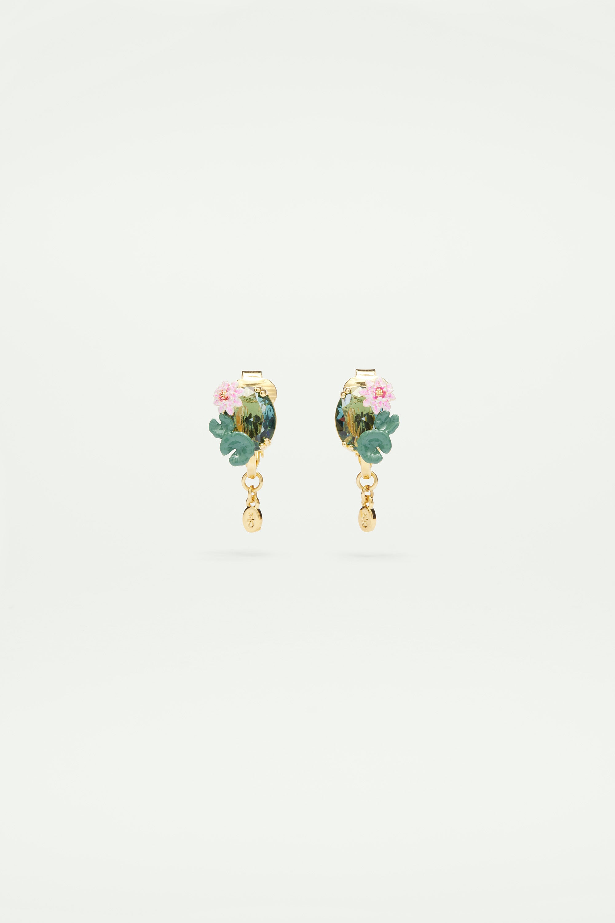 Pendientes de clip flor de loto y piedra azul