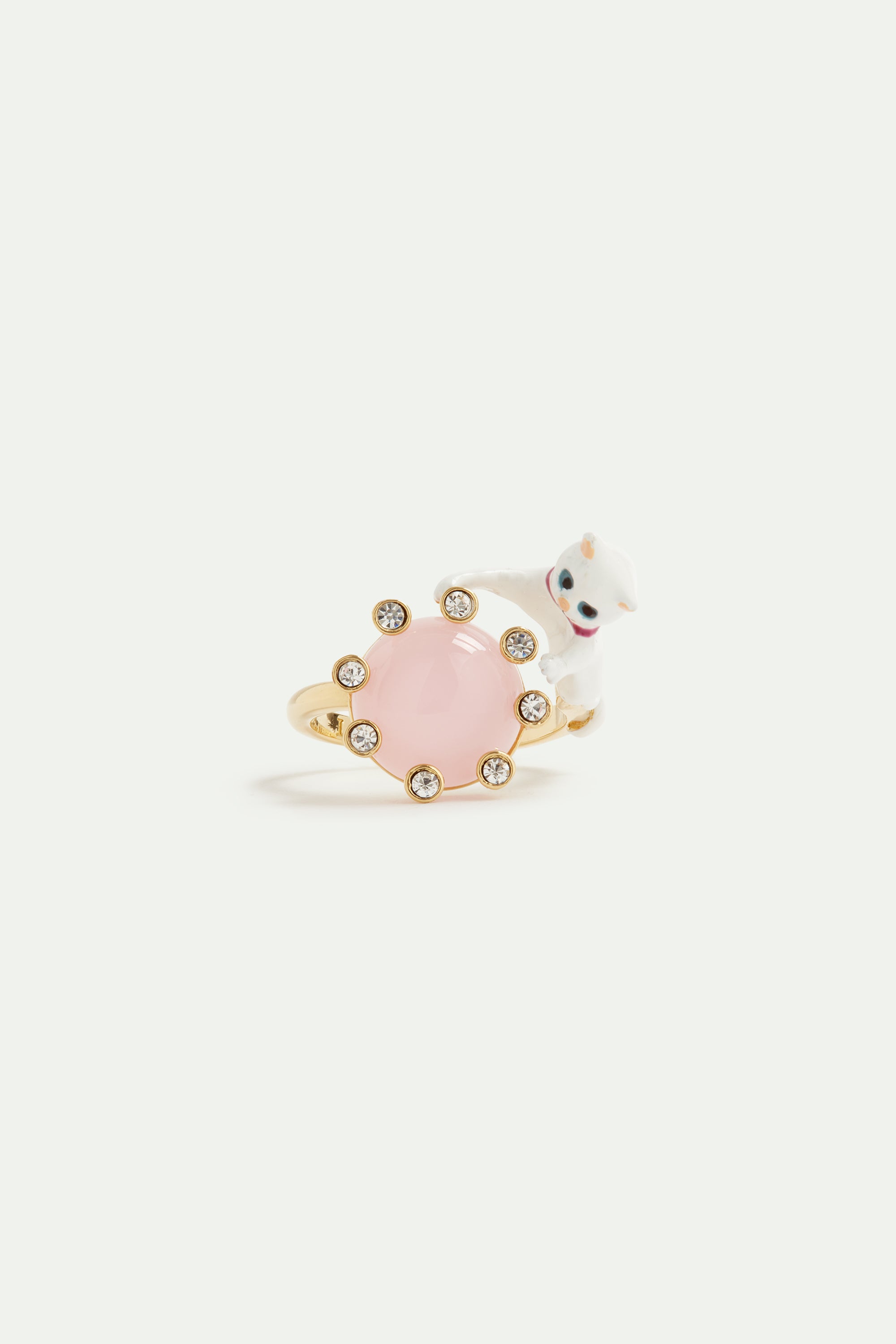 White cat and round pink stone adjustable ring