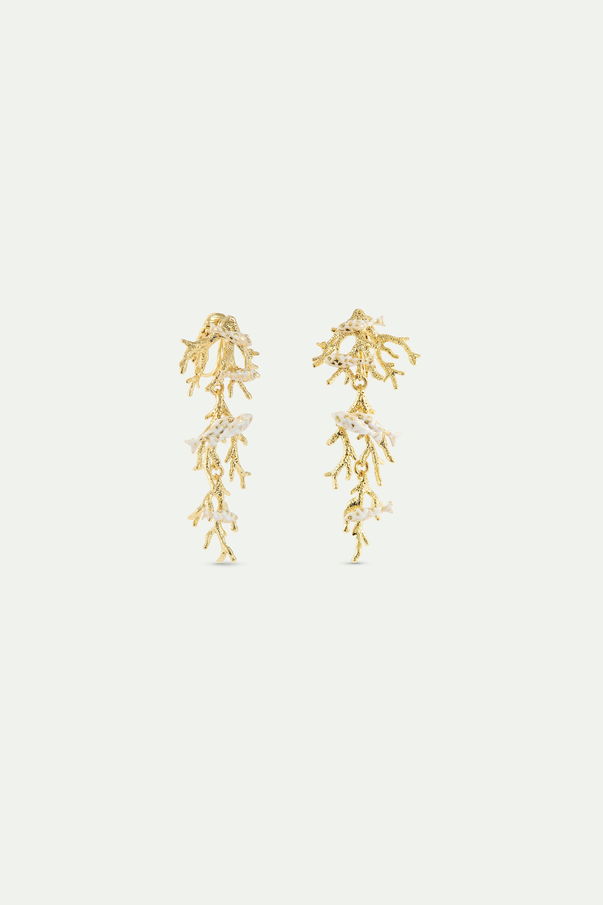 Golden coral and white fish dangle earrings