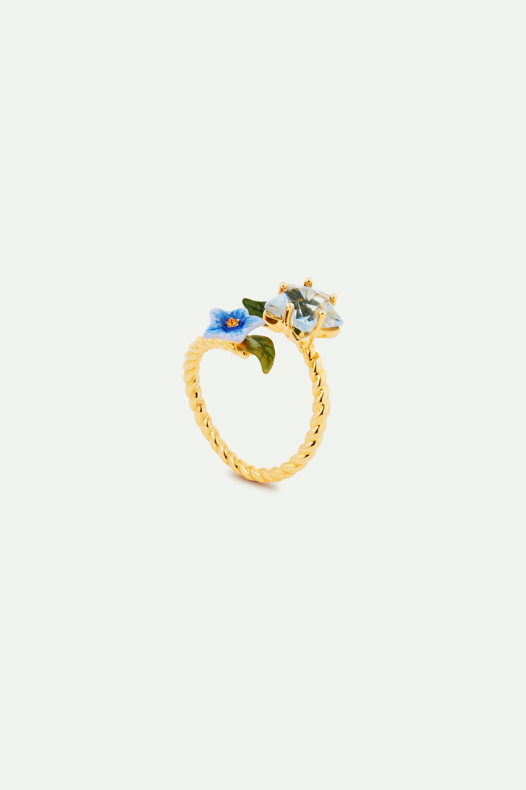 Anillo ajustable tu y yo, estrella facetada y flor de jazmín azul