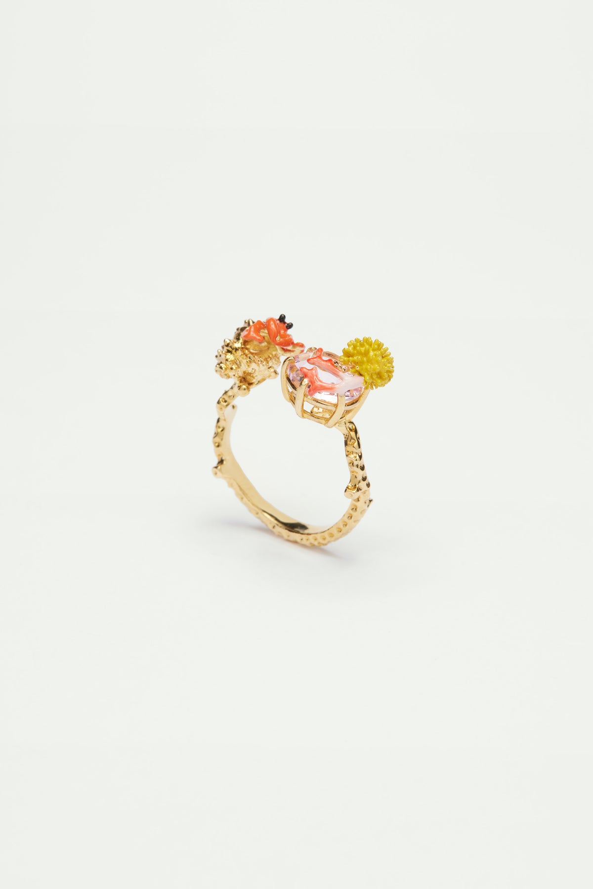 Adjustable hermit crab and light pink cut glass stone you and me ring