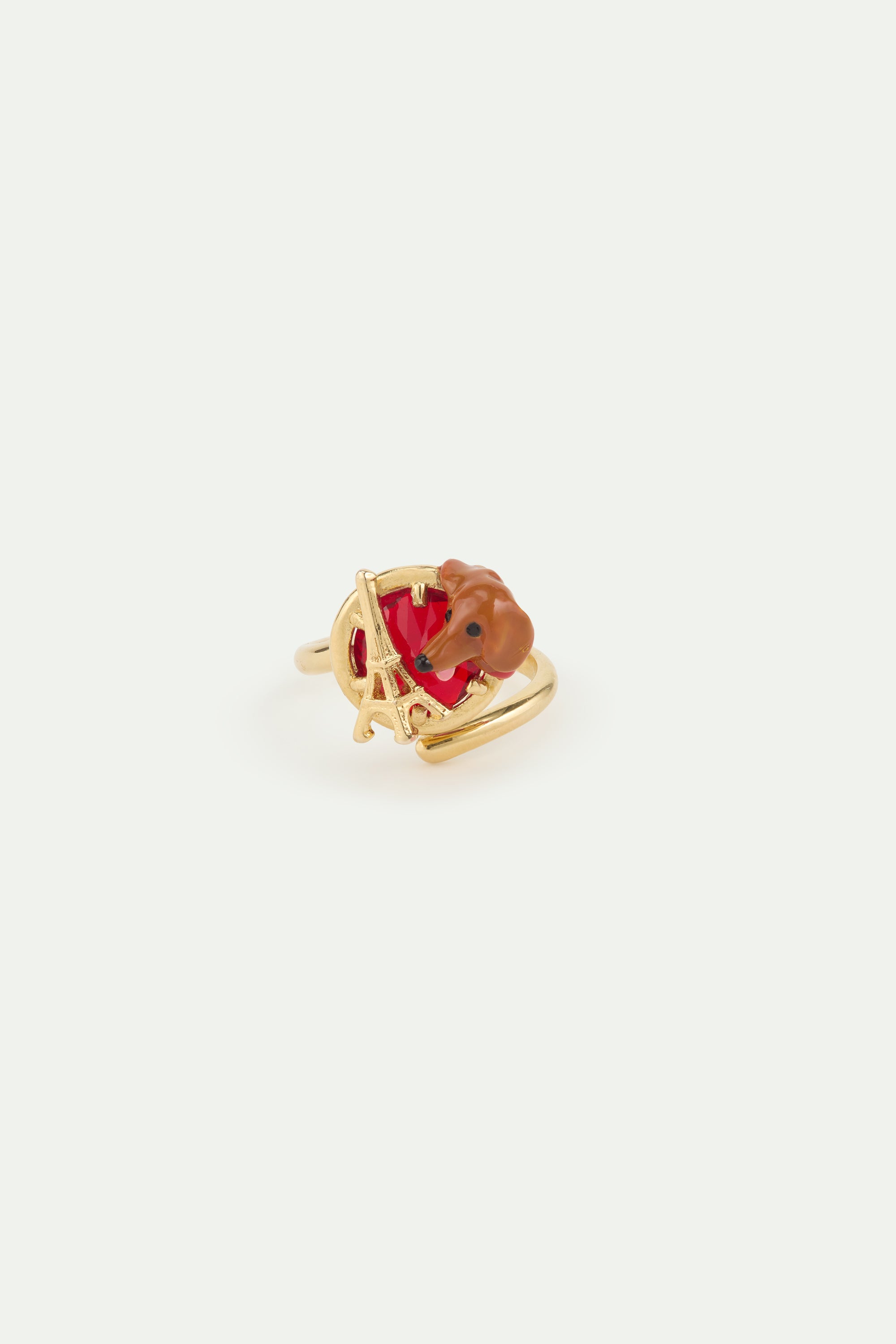 Dachshund adjustable ring with Eiffel tower and garnet red stone