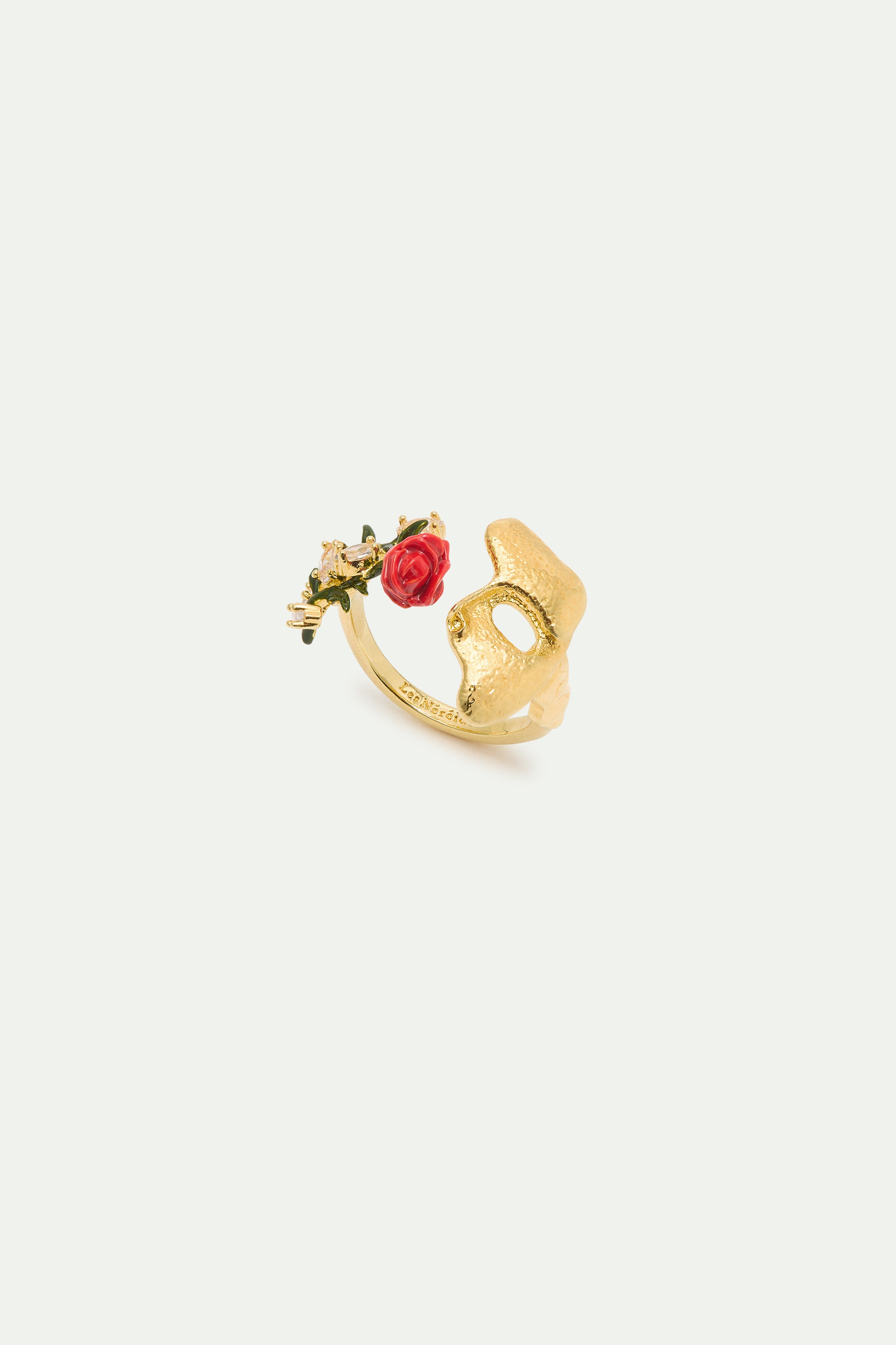 Gold mask, rose and crystal adjustable ring