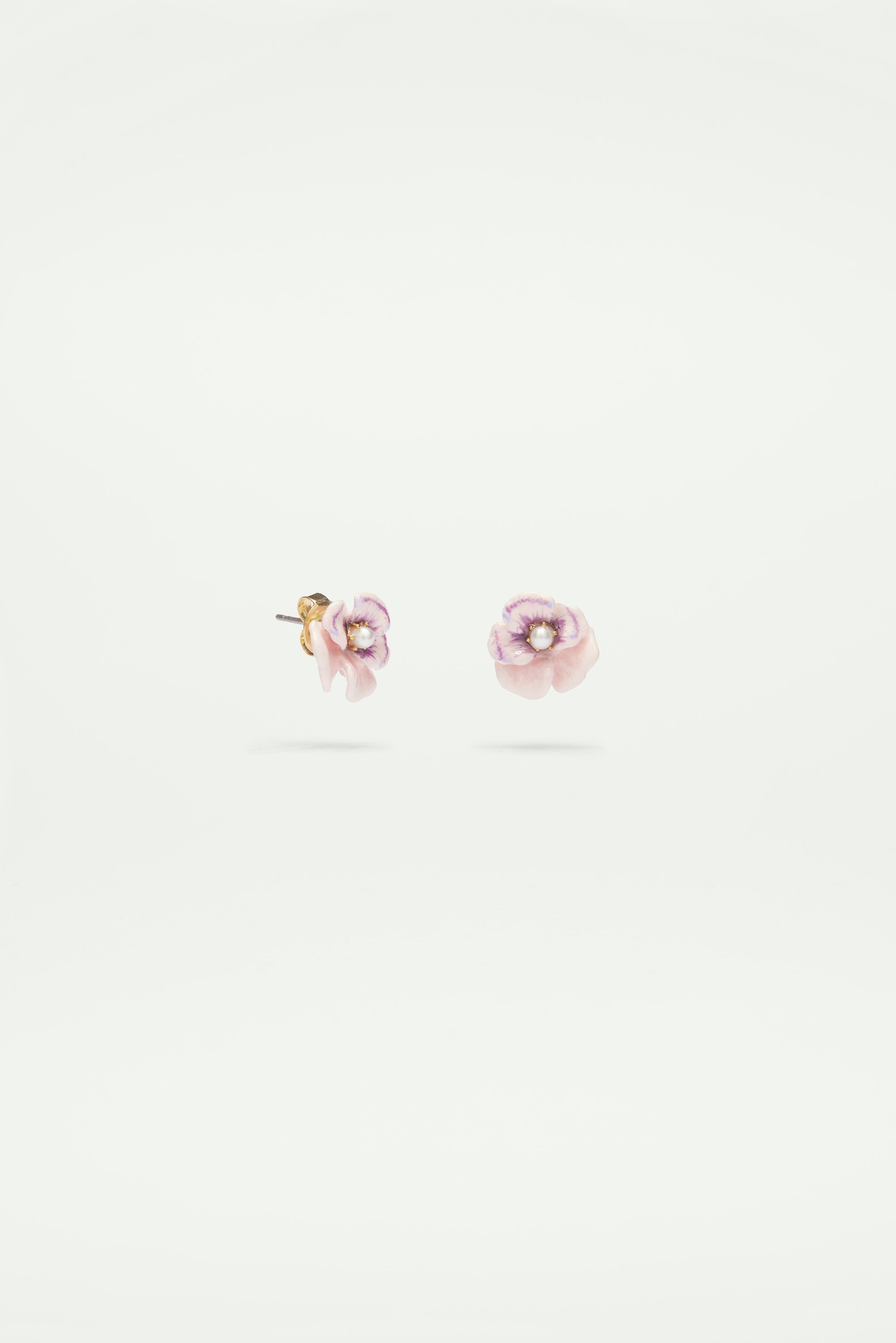 Pink pansy and freshwater pearl stud earrings