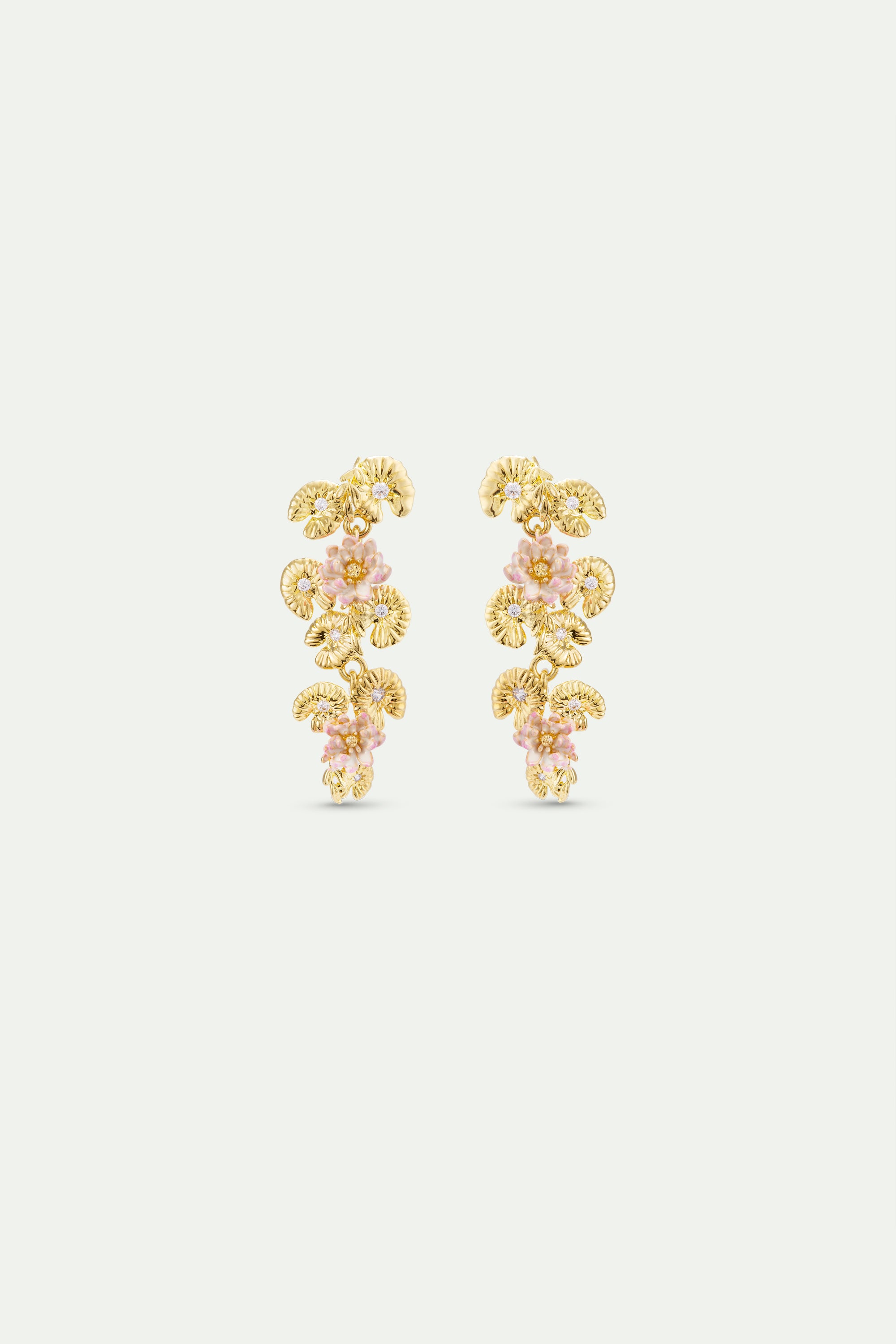Gold lotus and pink water lily dangle earrings