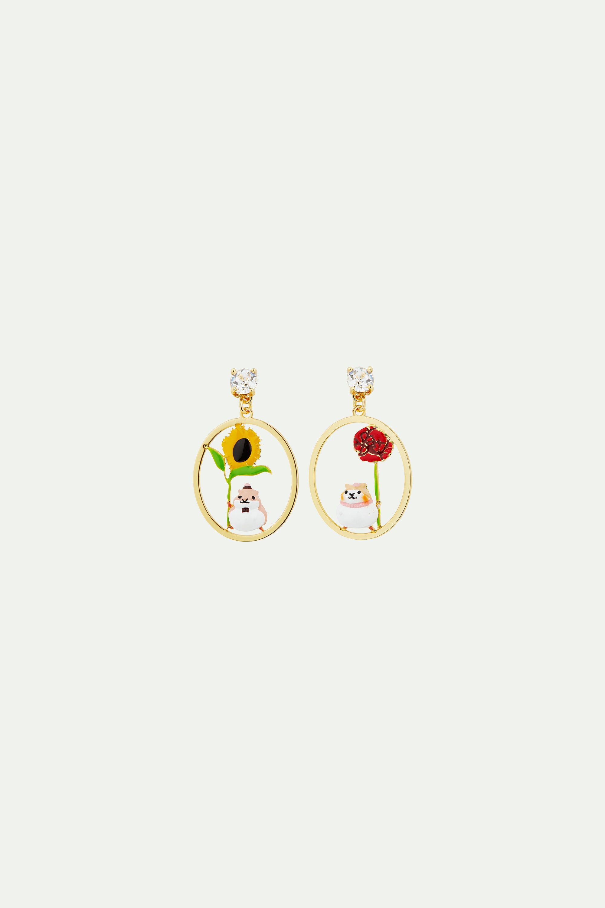 Hamster and flower asymmetrical post earrings