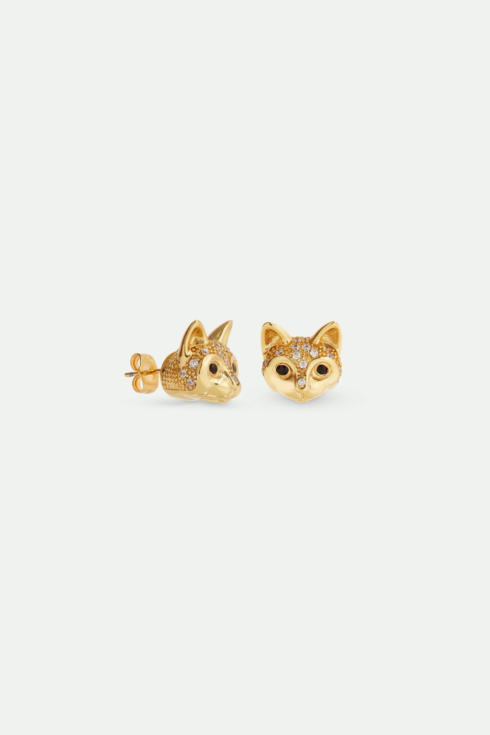 Golden cat head and crystal post earrings