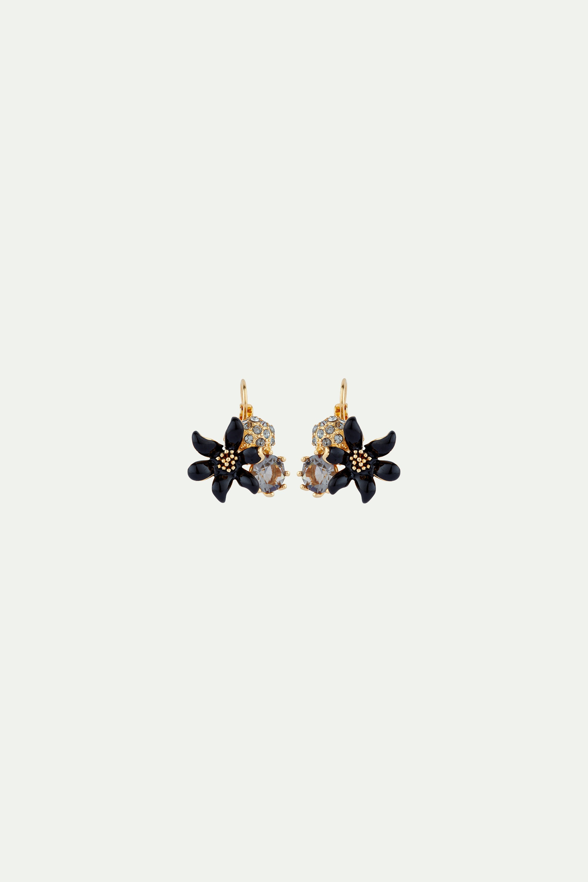 Black lily and Sphere paved with crystal sleeper earrings