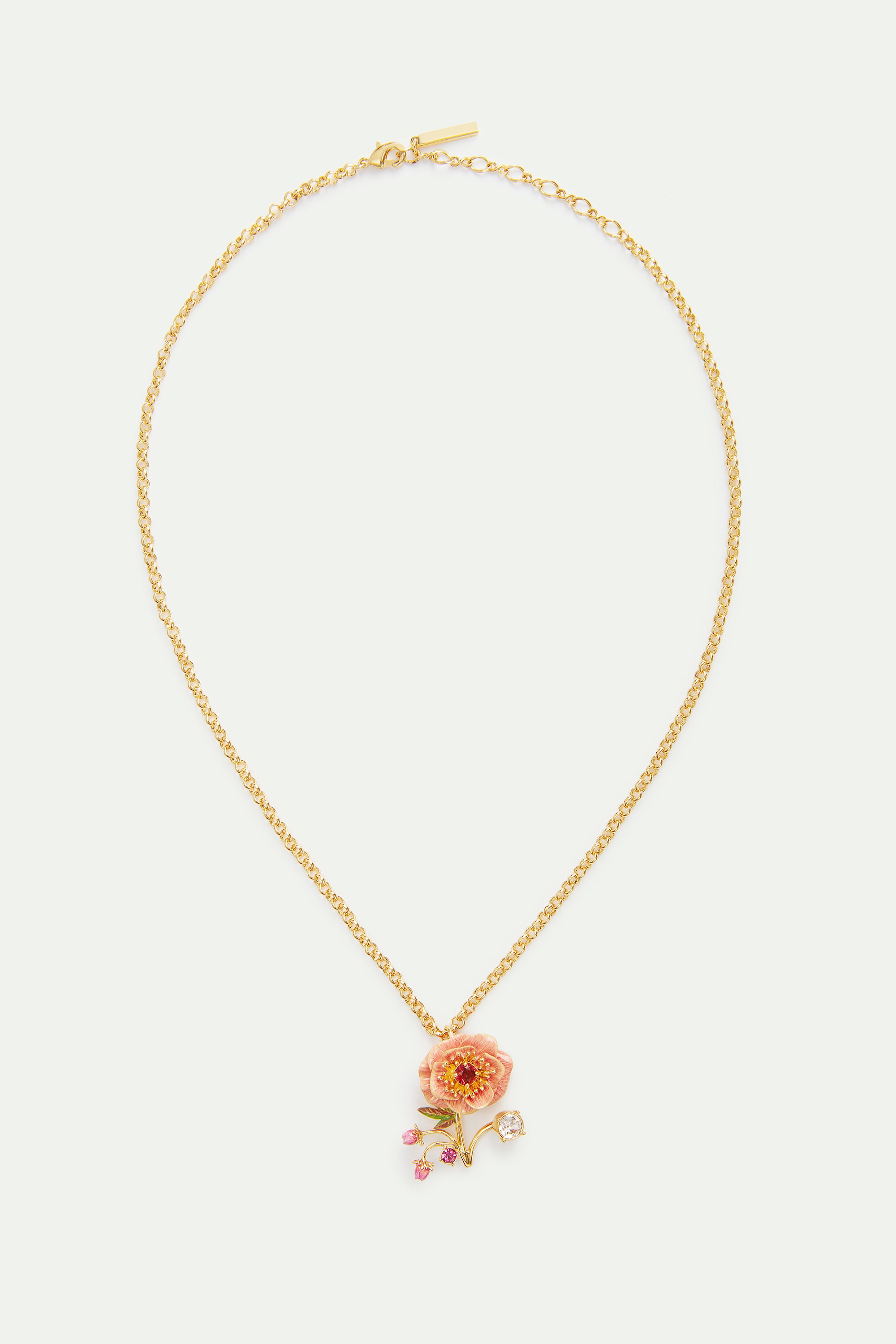 Pink anemone, rose bud and crystal necklace