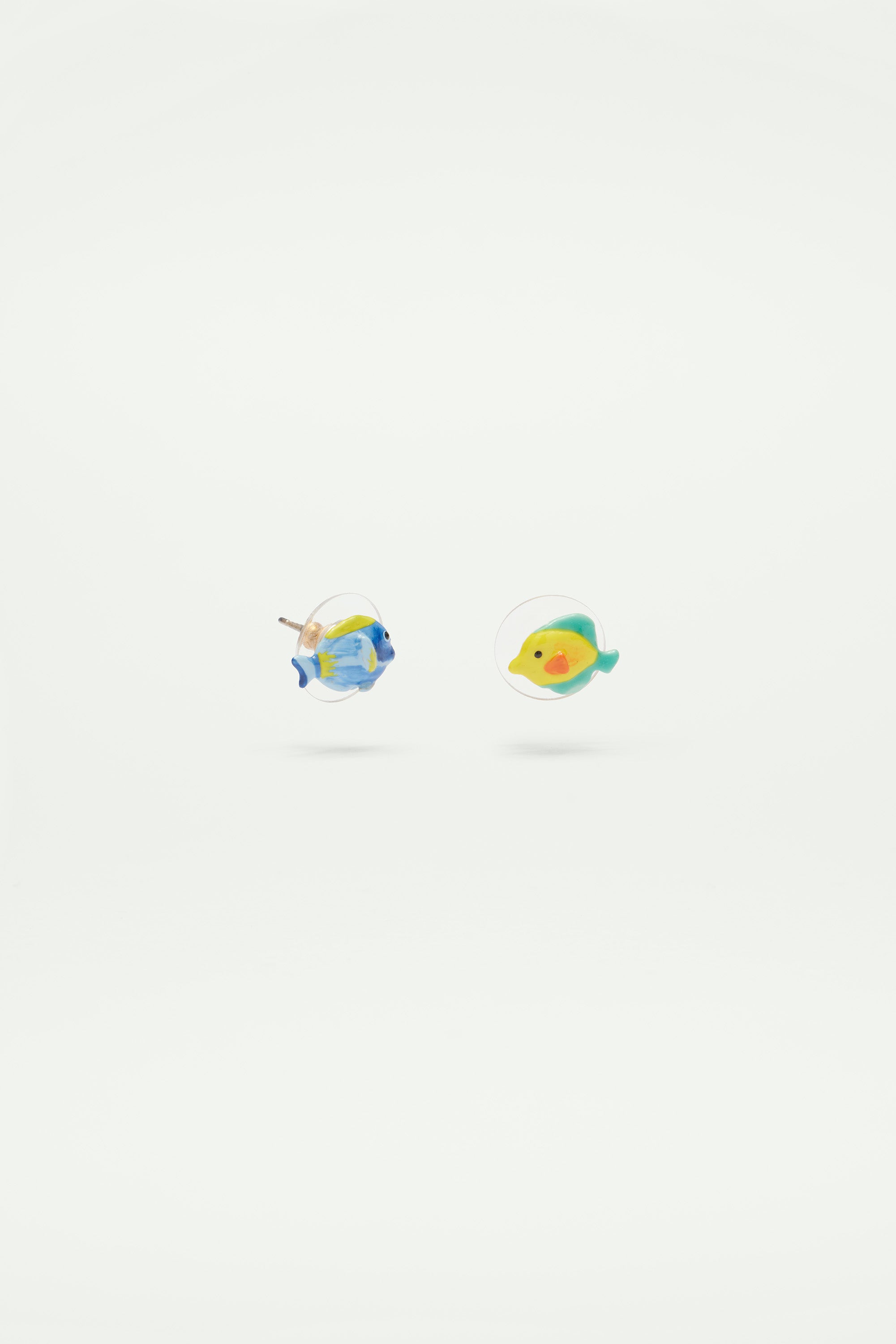 Asymmetrical blue fish and yellow fish post earrings