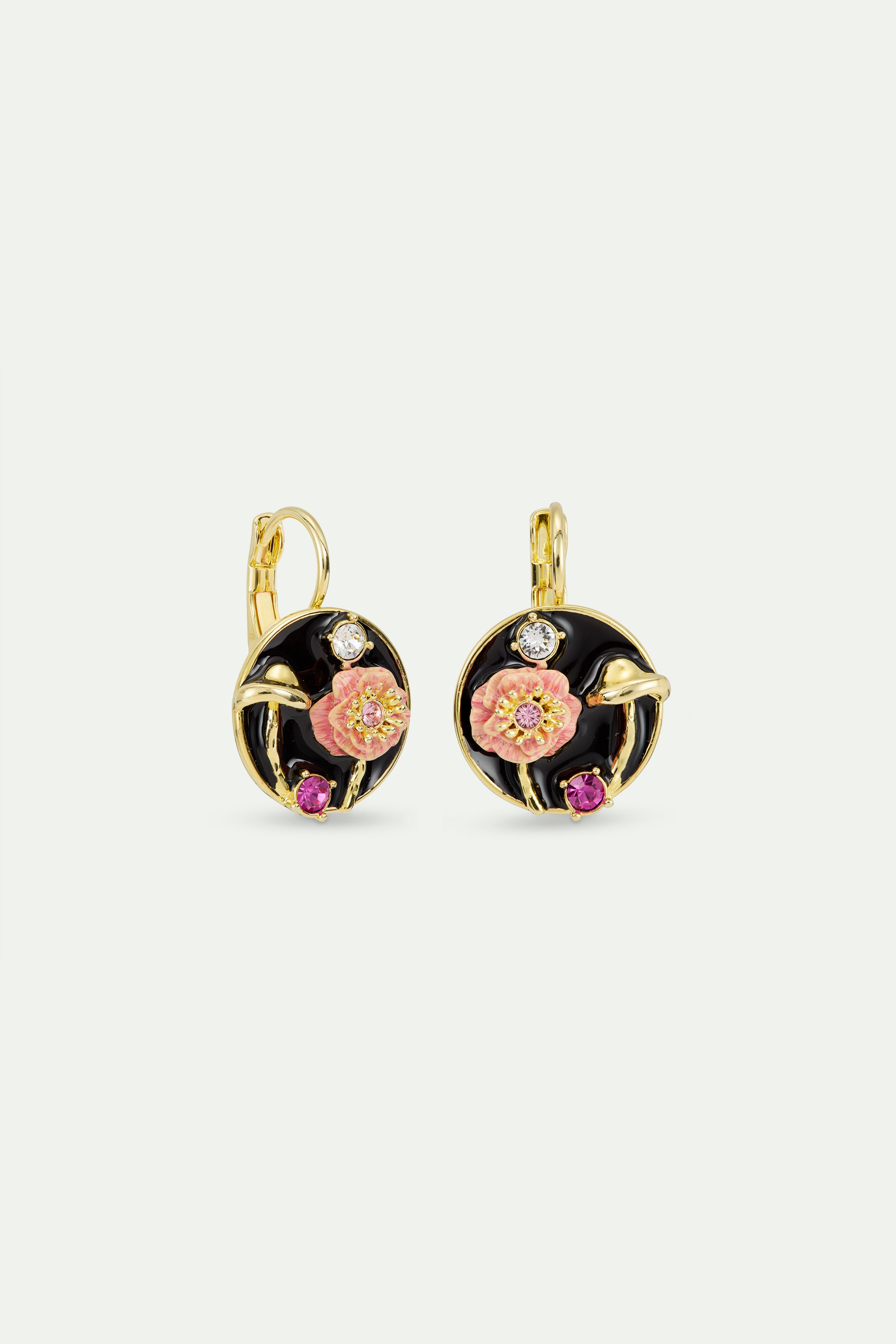 Black medallion clip-on earrings with mushroom, anemone and crystals
