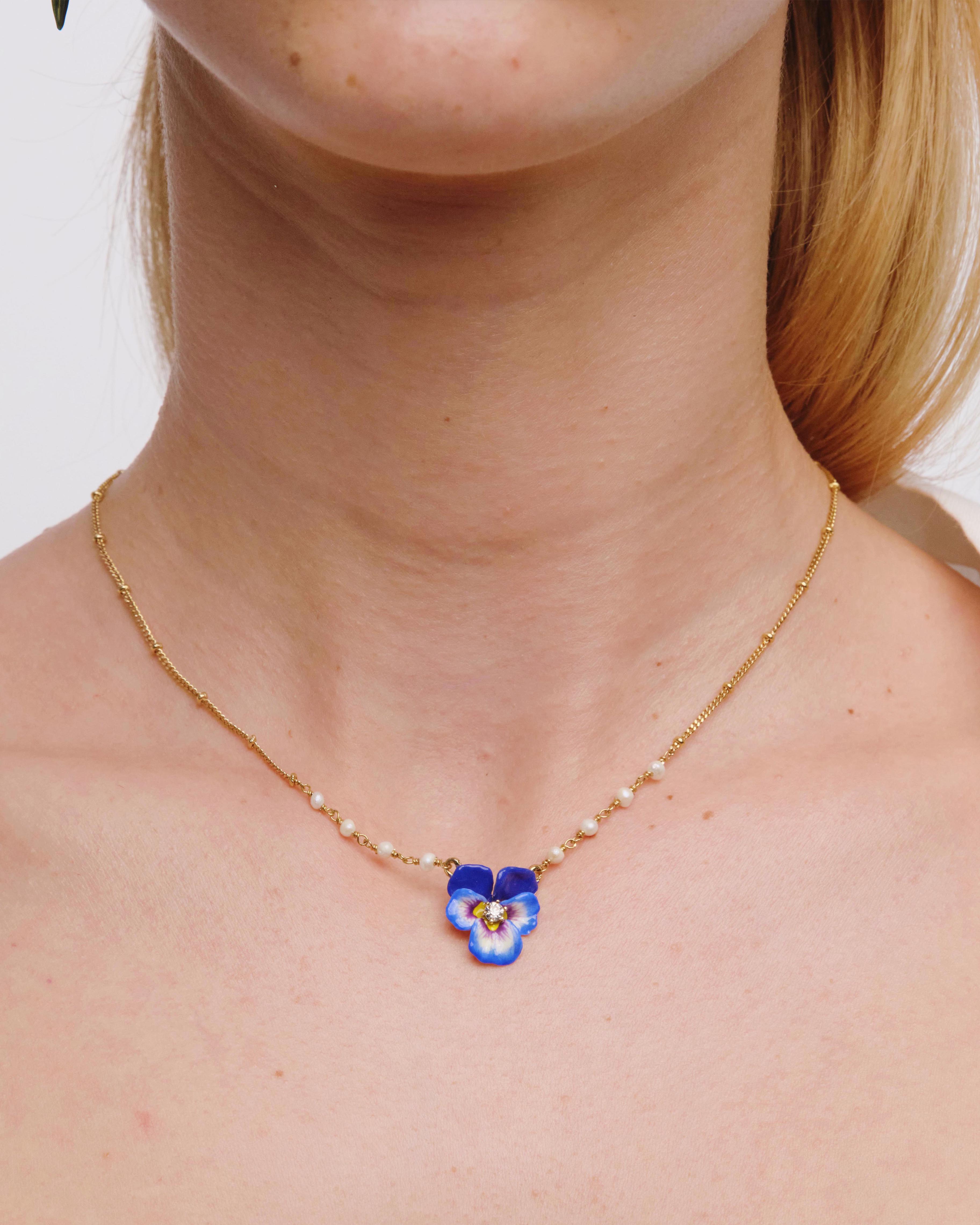 Blue pansy and faceted crystal pendant necklace