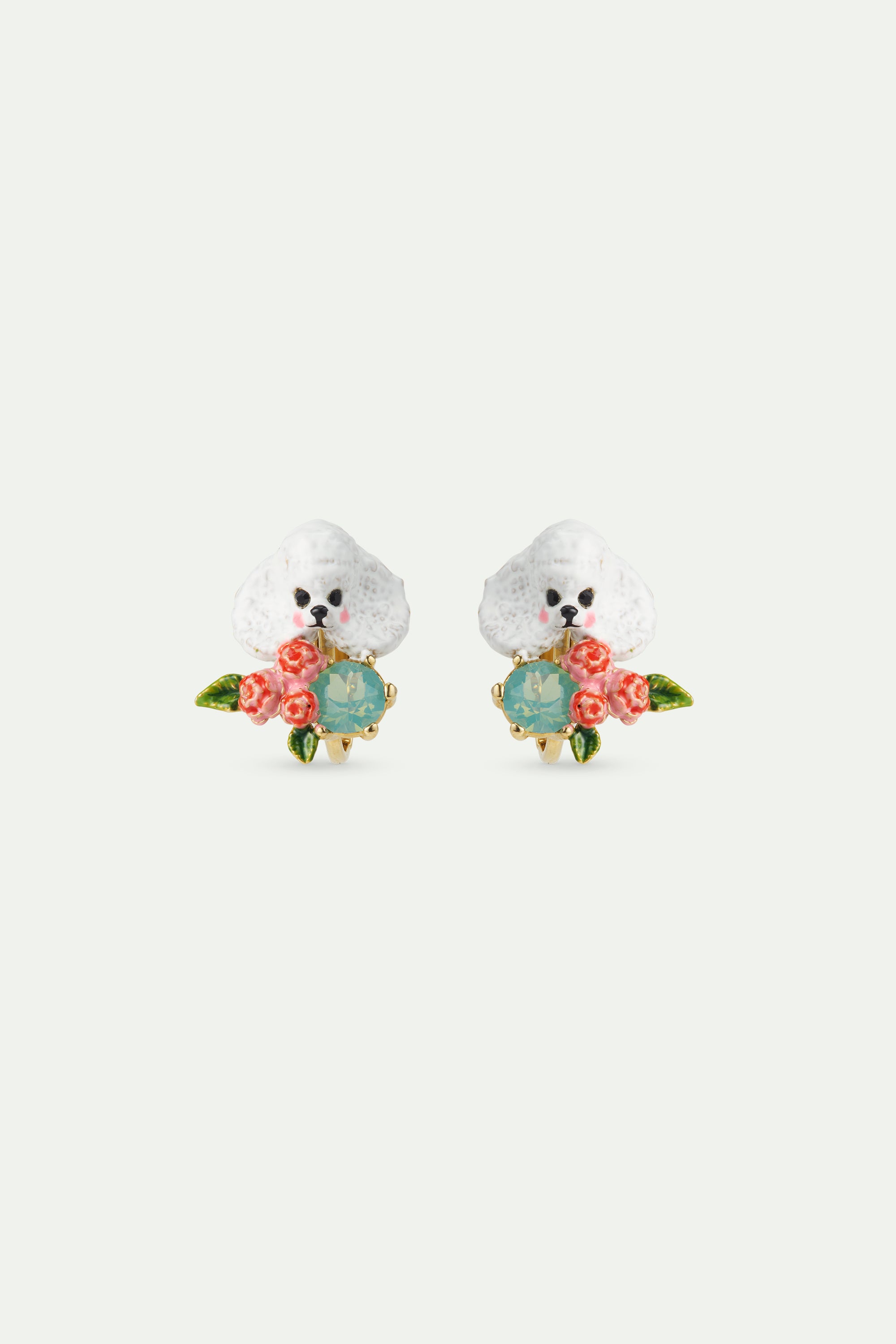 Pendientes caniche, flores rosas y piedra azul