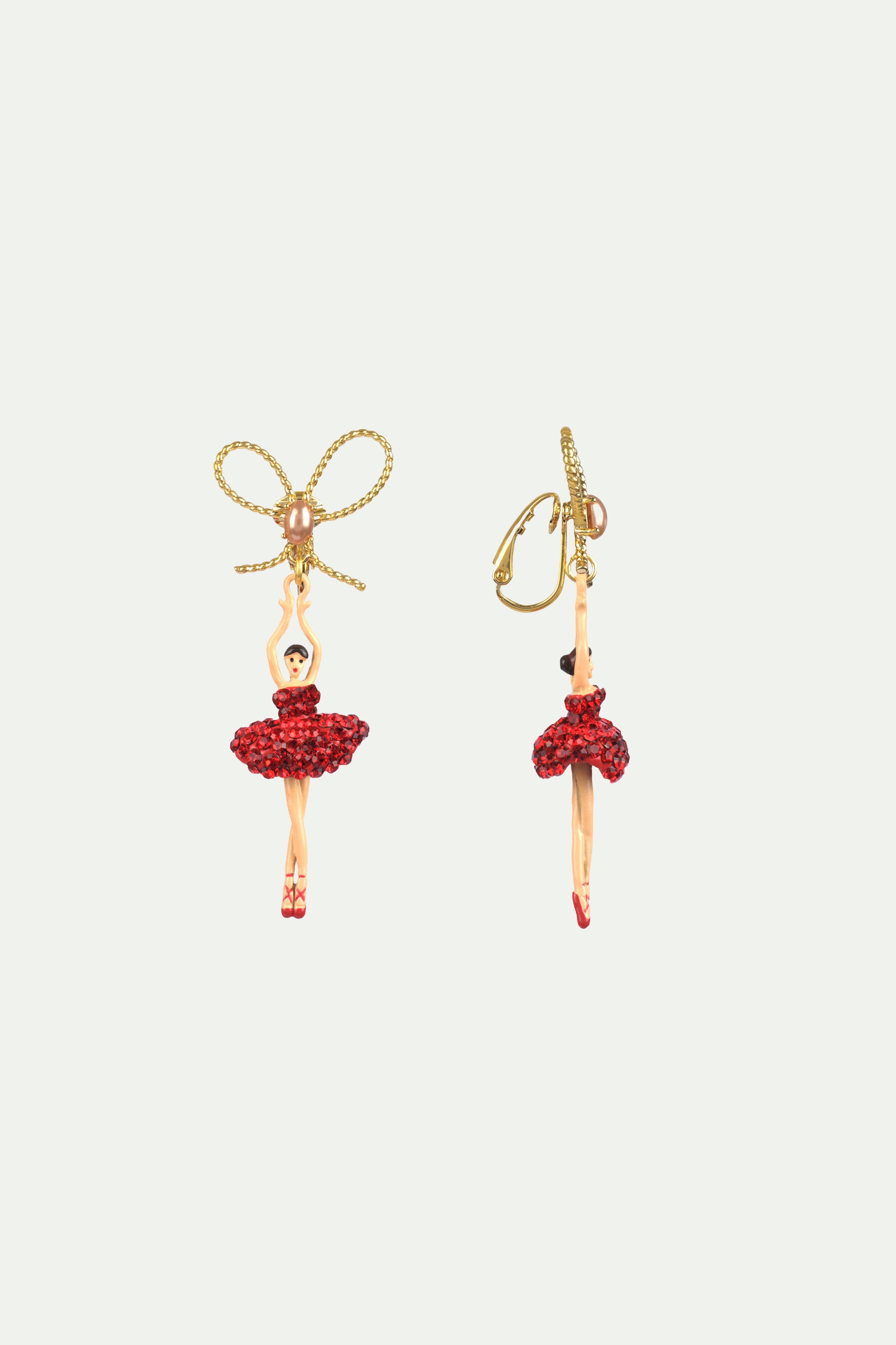 Pendientes de clip asimétricos bailarina con su tutú pavimentado de strass rojos