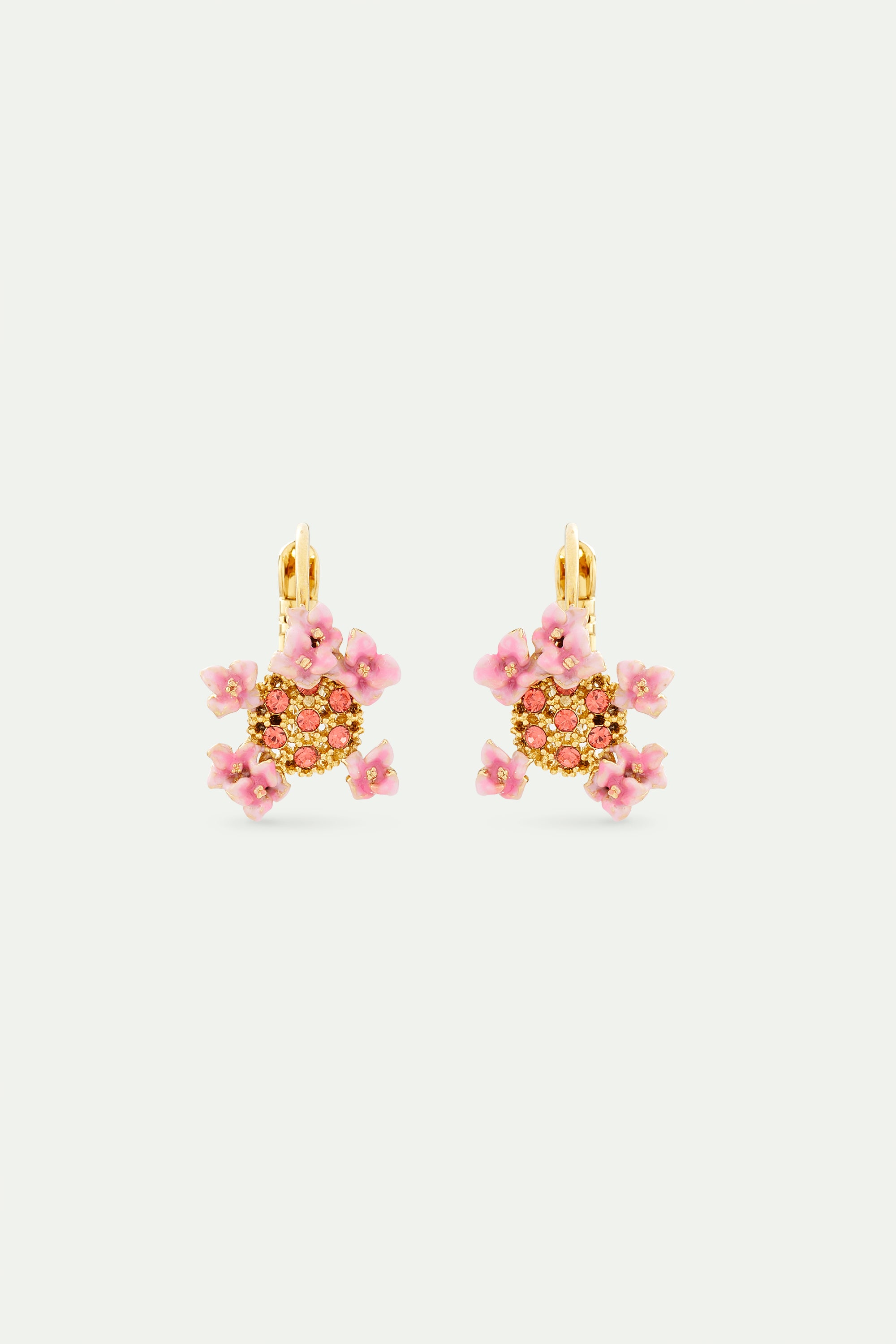 Sleeper earrings with pink and gold crystals and hydrangea flowers