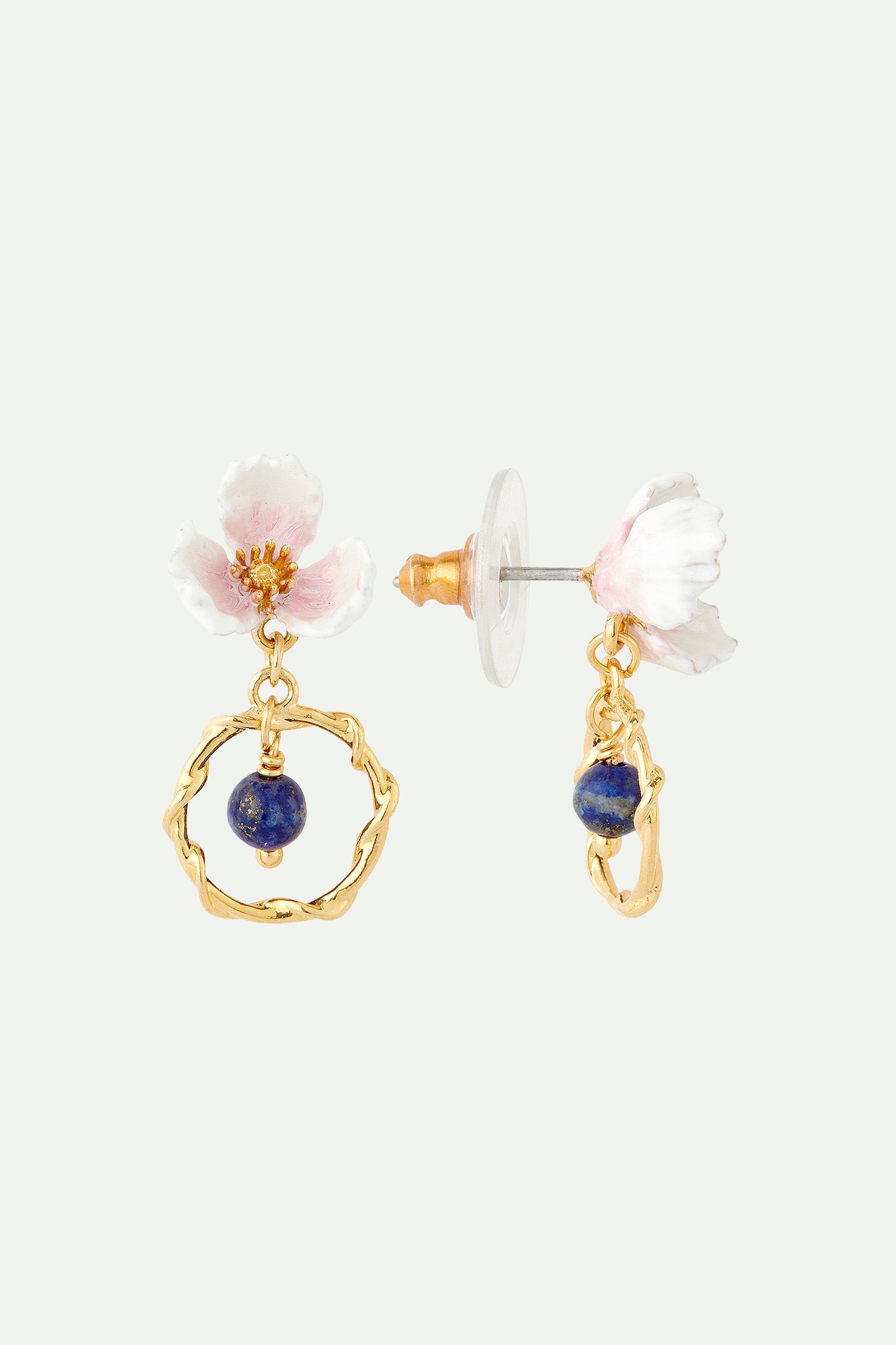 White flower and lapis lazuli hoop earrings