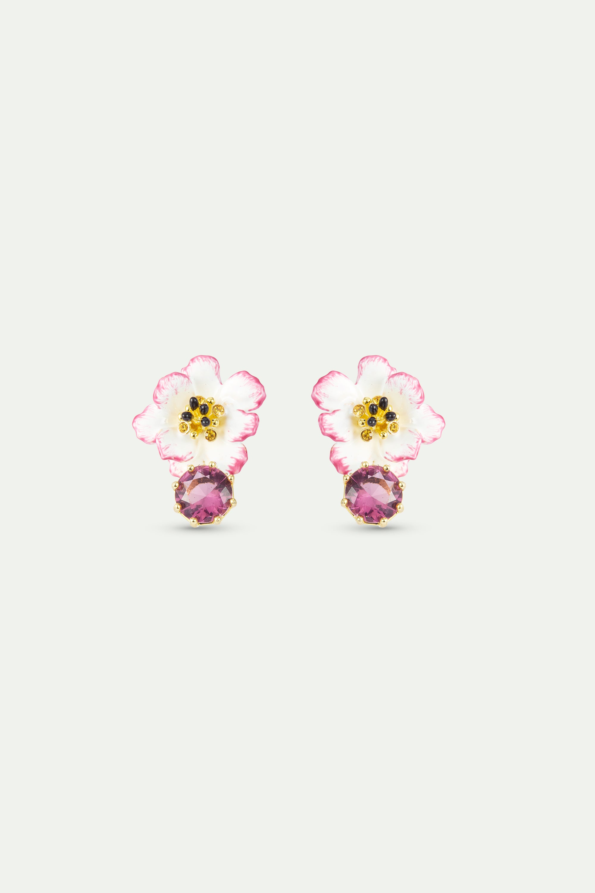 White and pink cosmos flower earrings with pink round stone