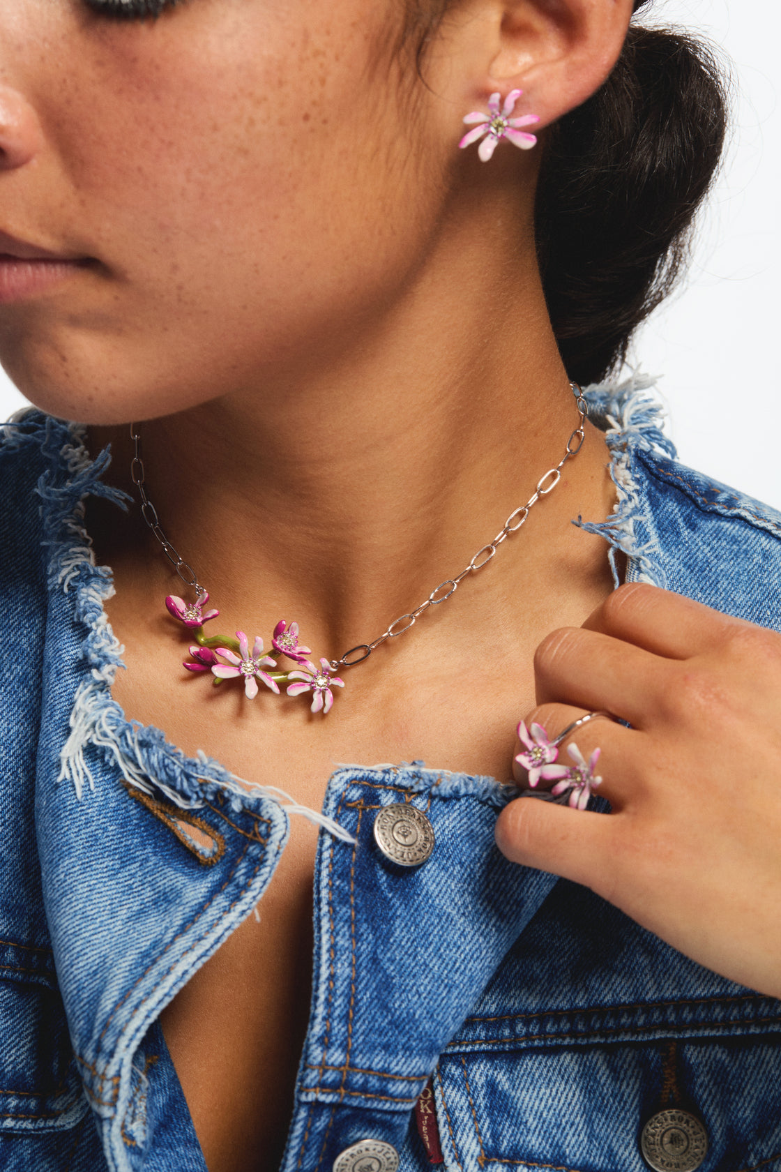 Magnolia flowers silver statement necklace