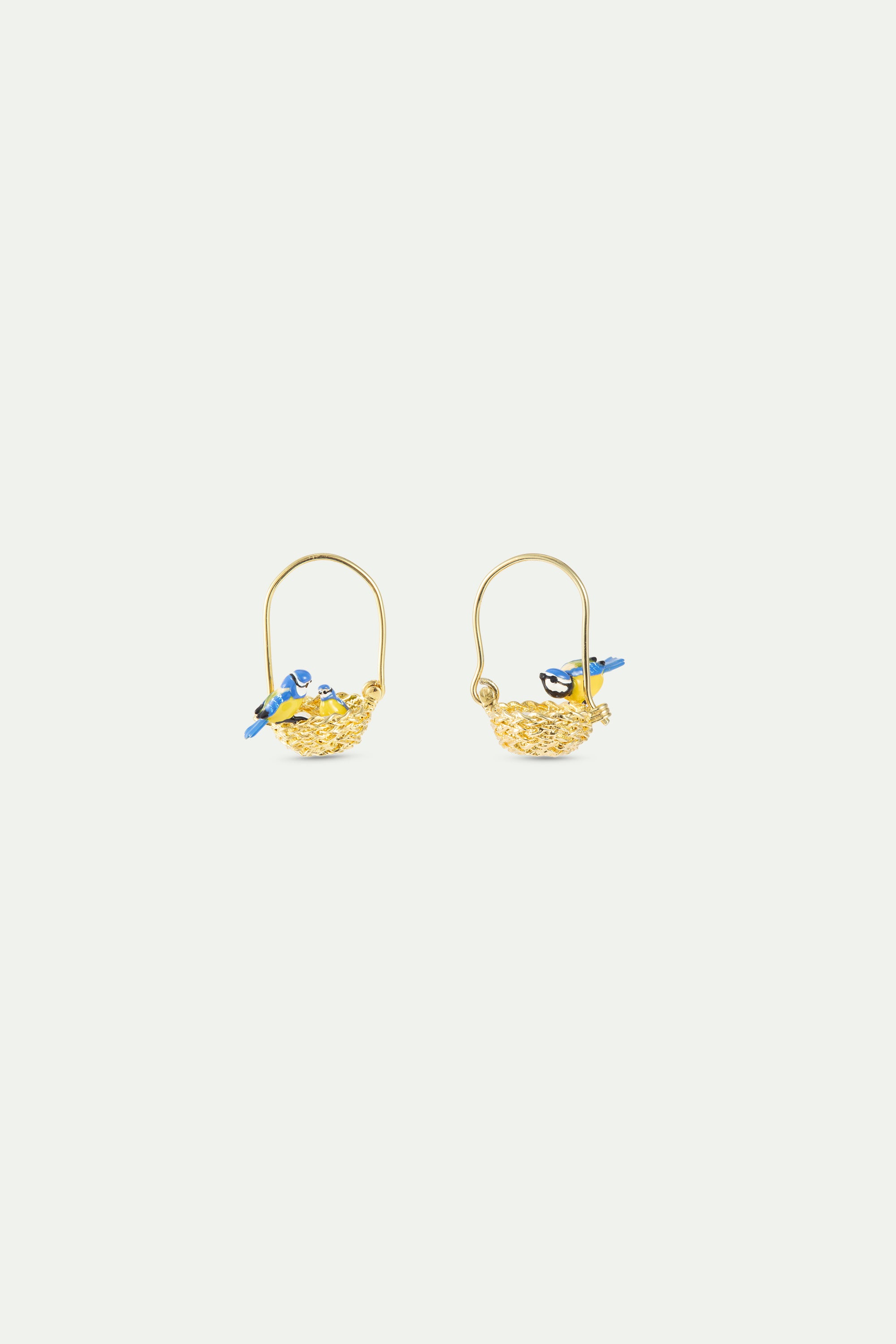 Asymmetrical hook earrings with gold nest and blue and yellow tits