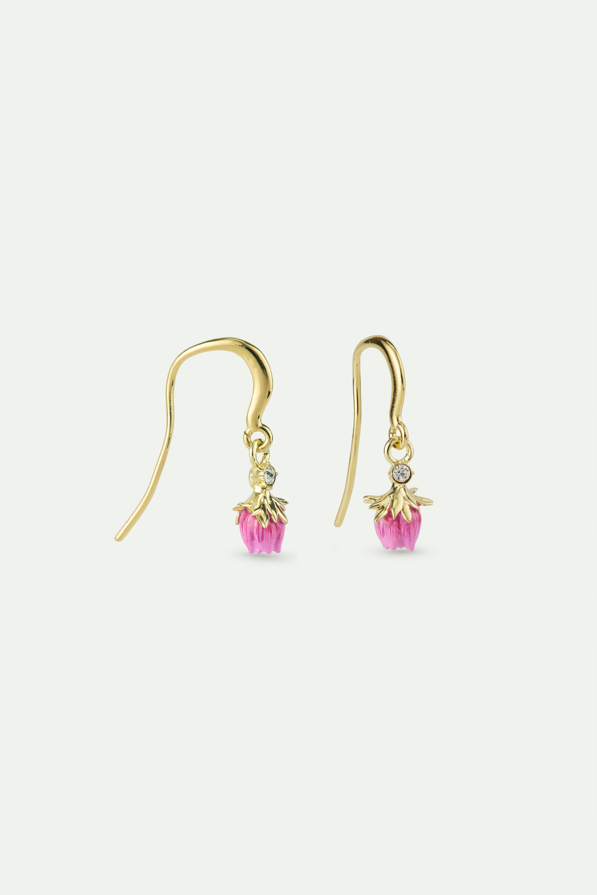 Dangling rosebud hook earrings with a white crystal