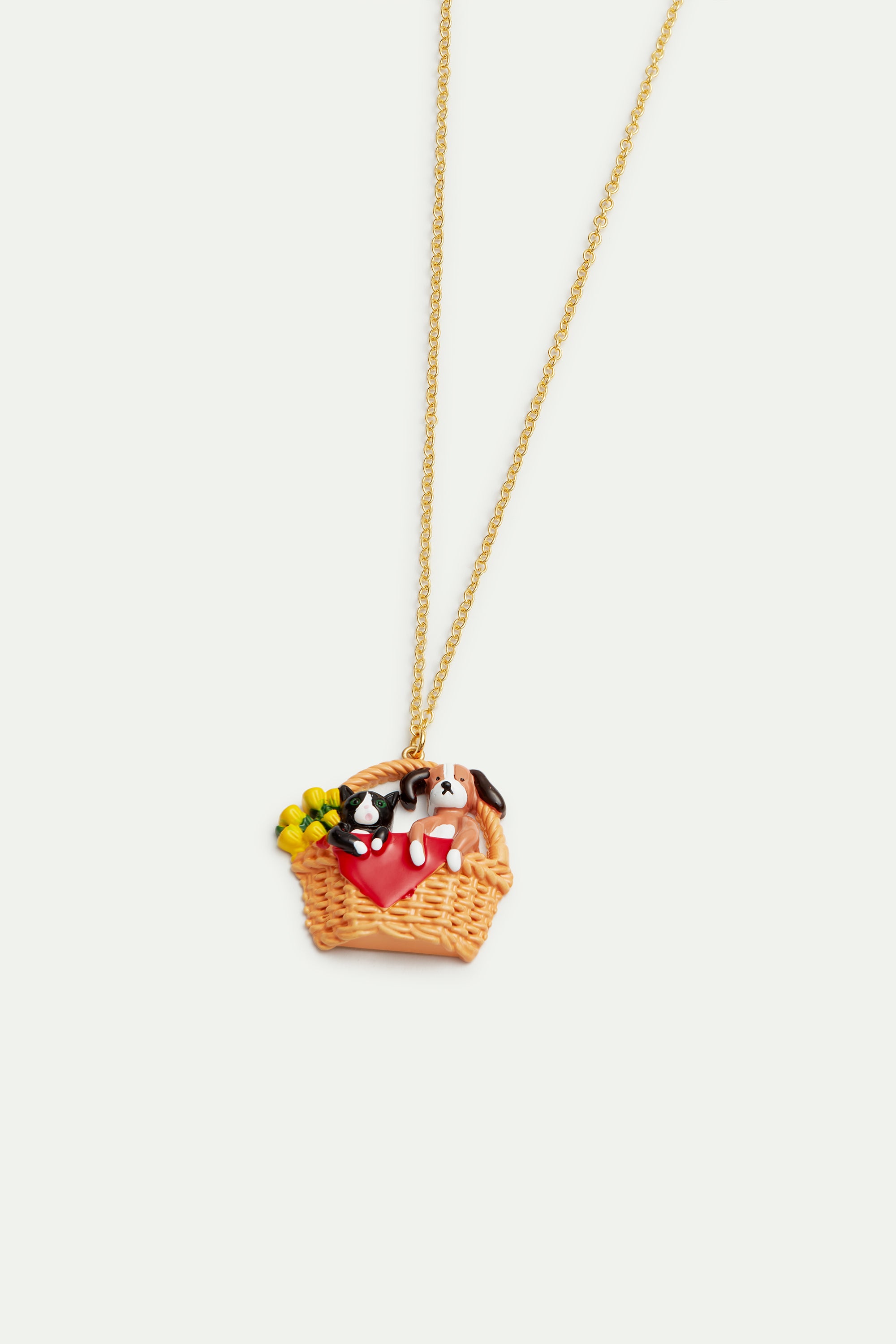 Wicker basket, cat and dog pendant necklace