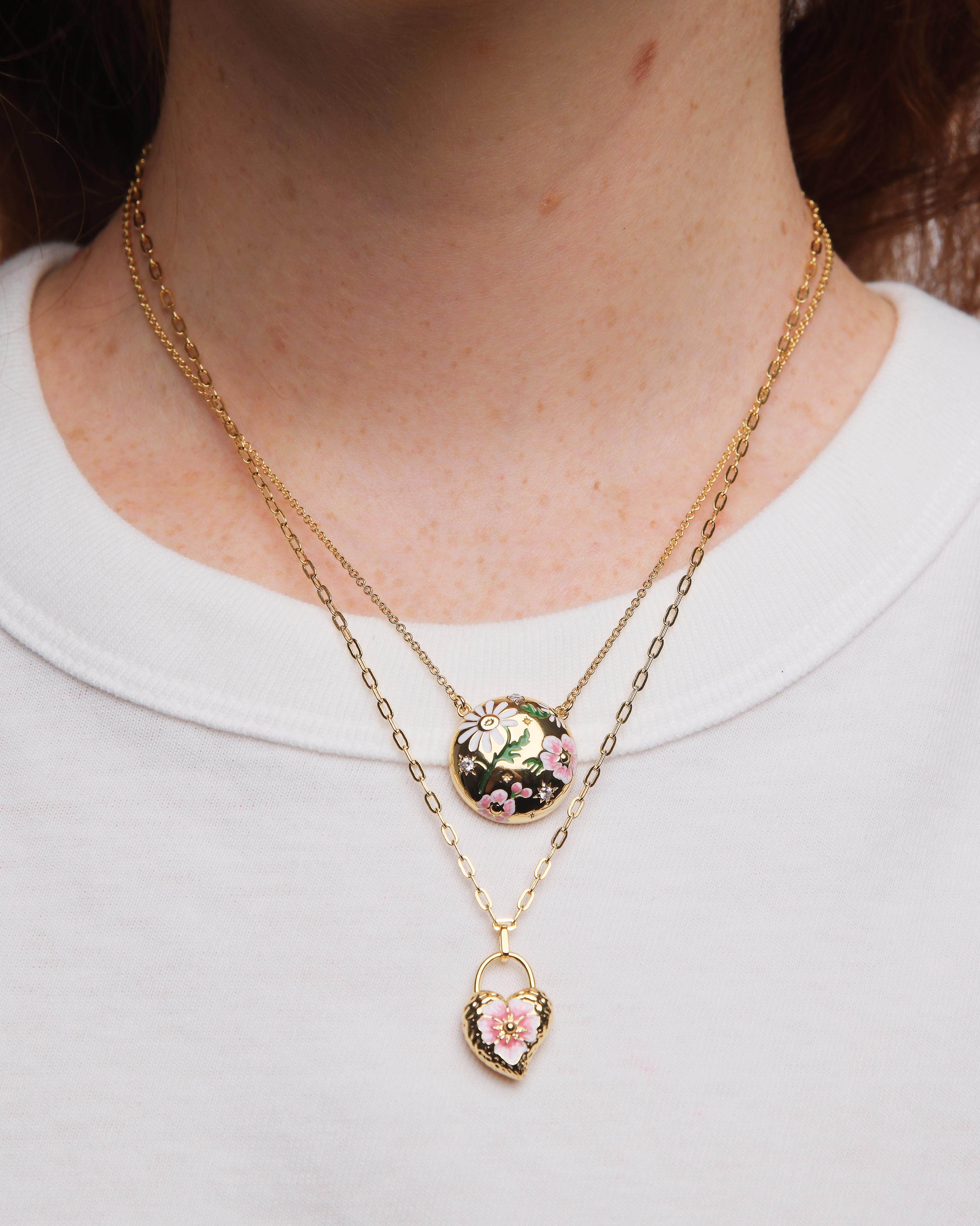 Heart medallion and pansy flower pendant necklace