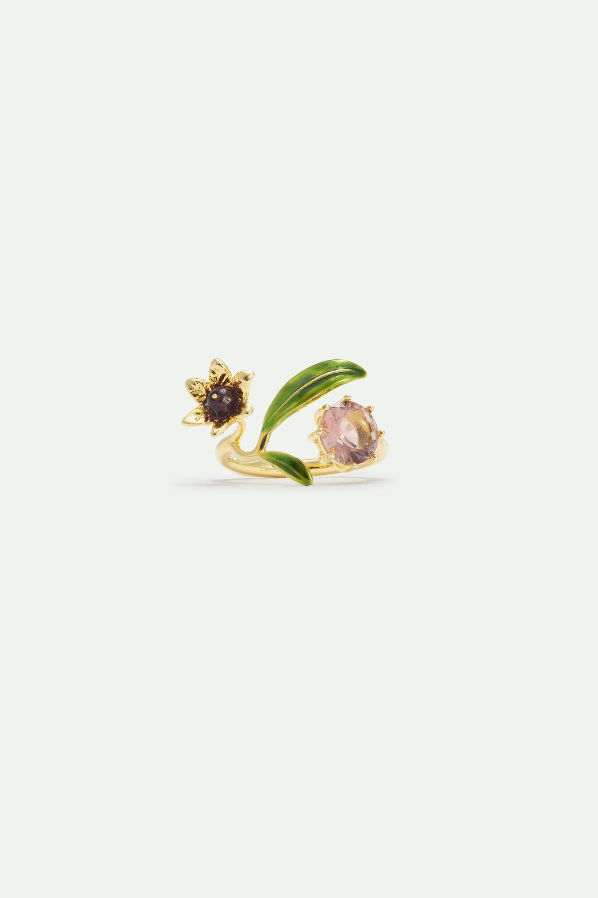 Anillo ajustable flor dorada, perla y piedra redonda rosa