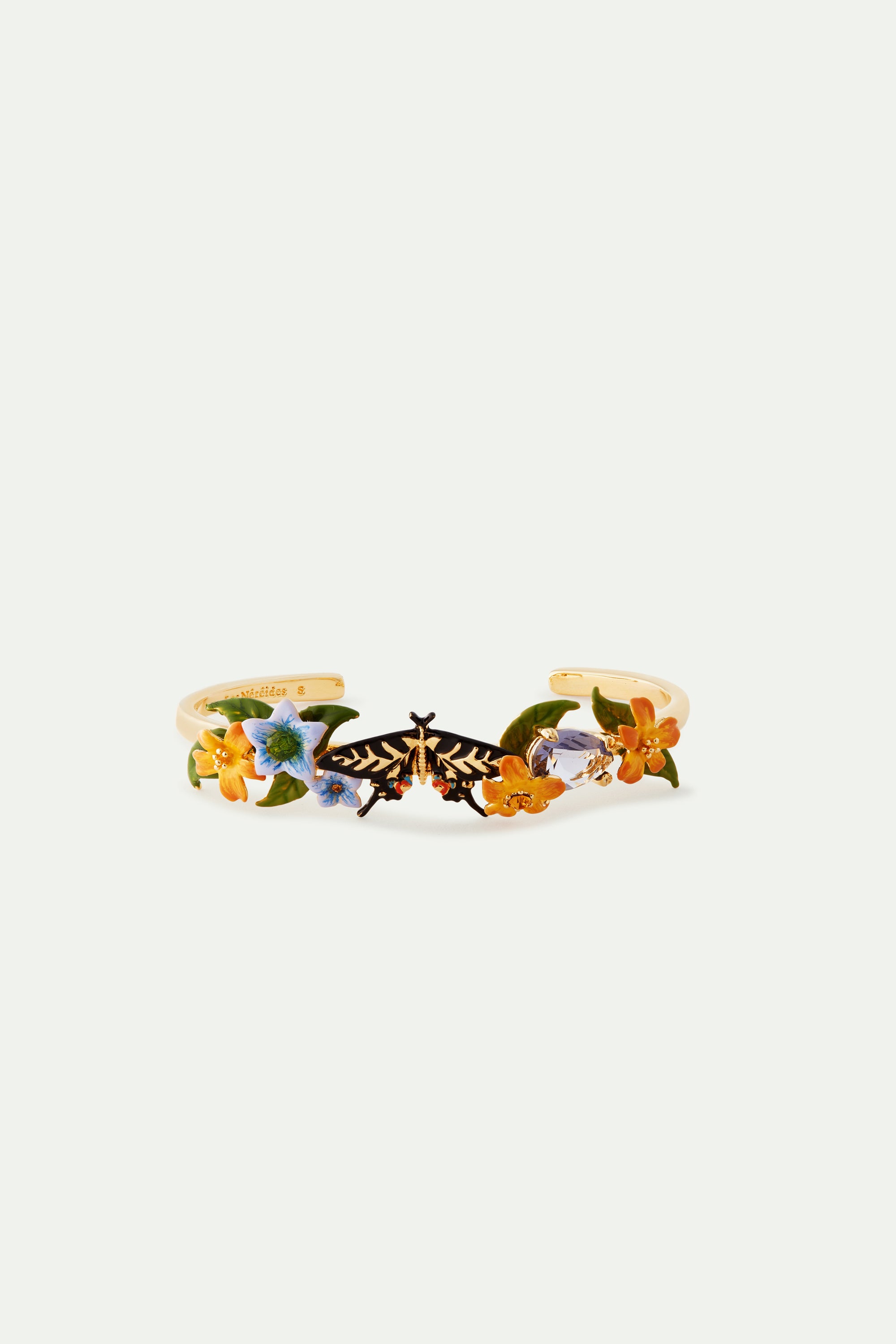 Butterfly, jasmine flowers and faceted glass cuff bracelet