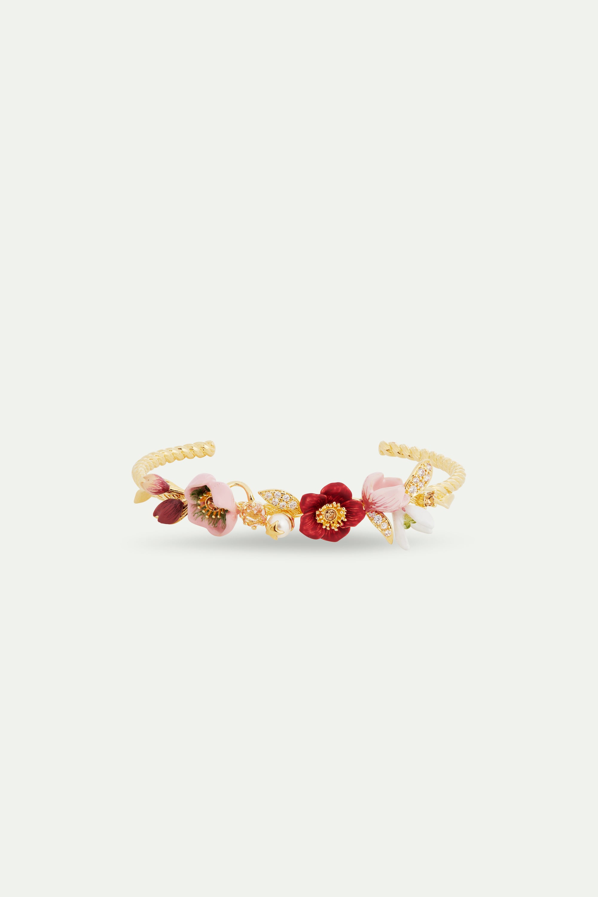 Cuff bracelet composed of hellebore flower, glass pearl beads and leaves paved with cubic zirconia