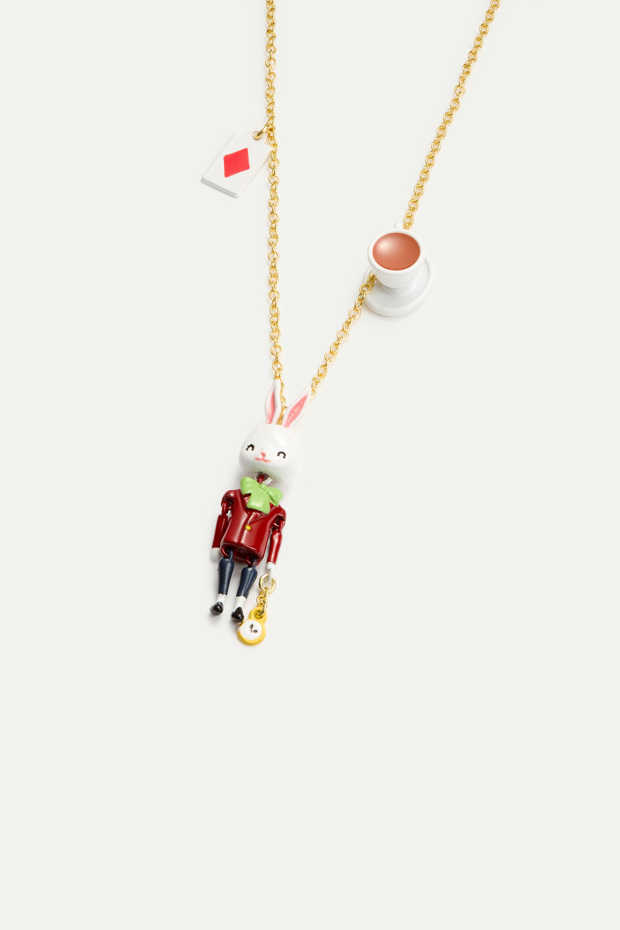 White Rabbit, tea cup and card pendant necklace