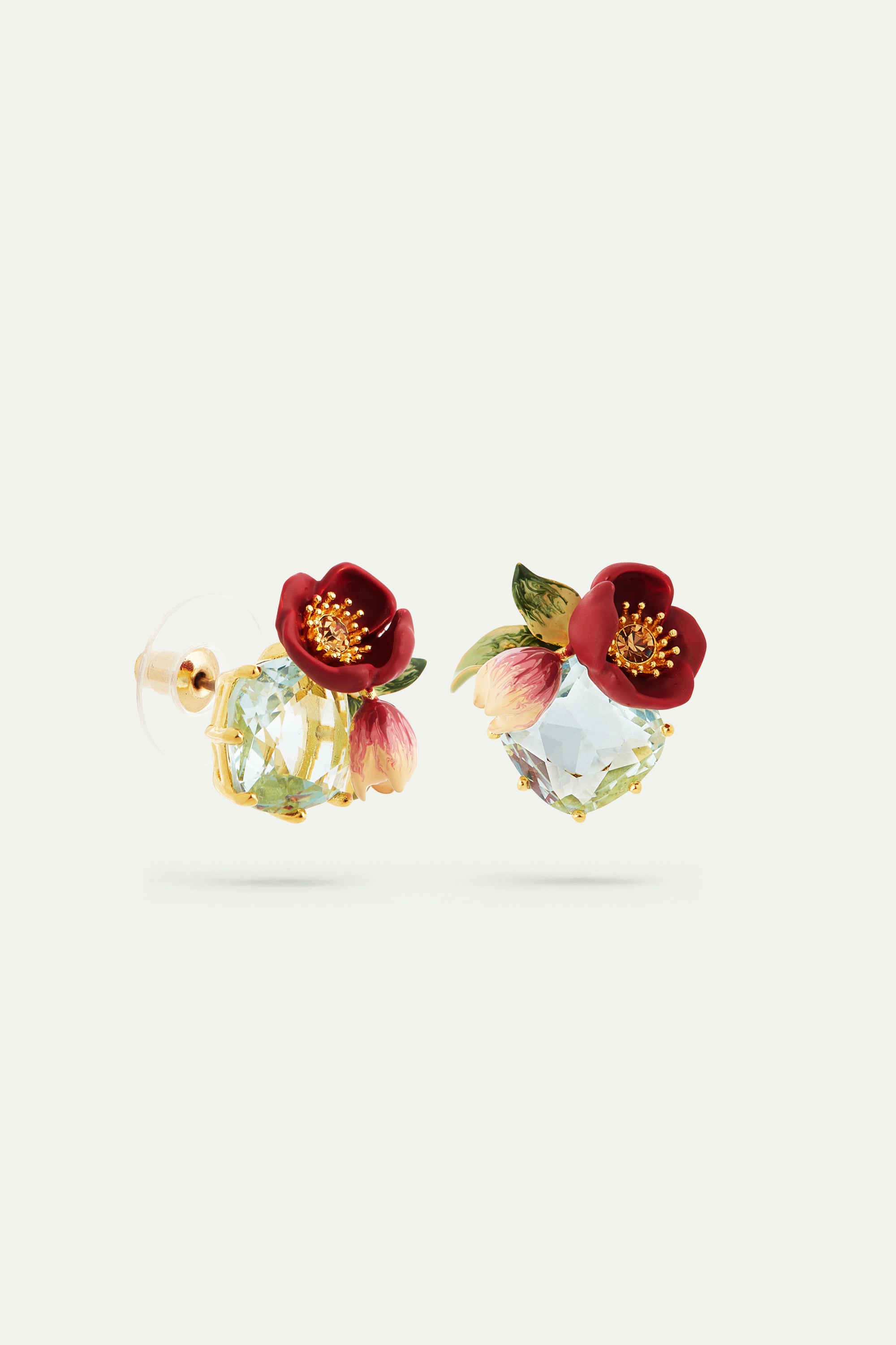 Red hellebore flower and faceted stone earrings