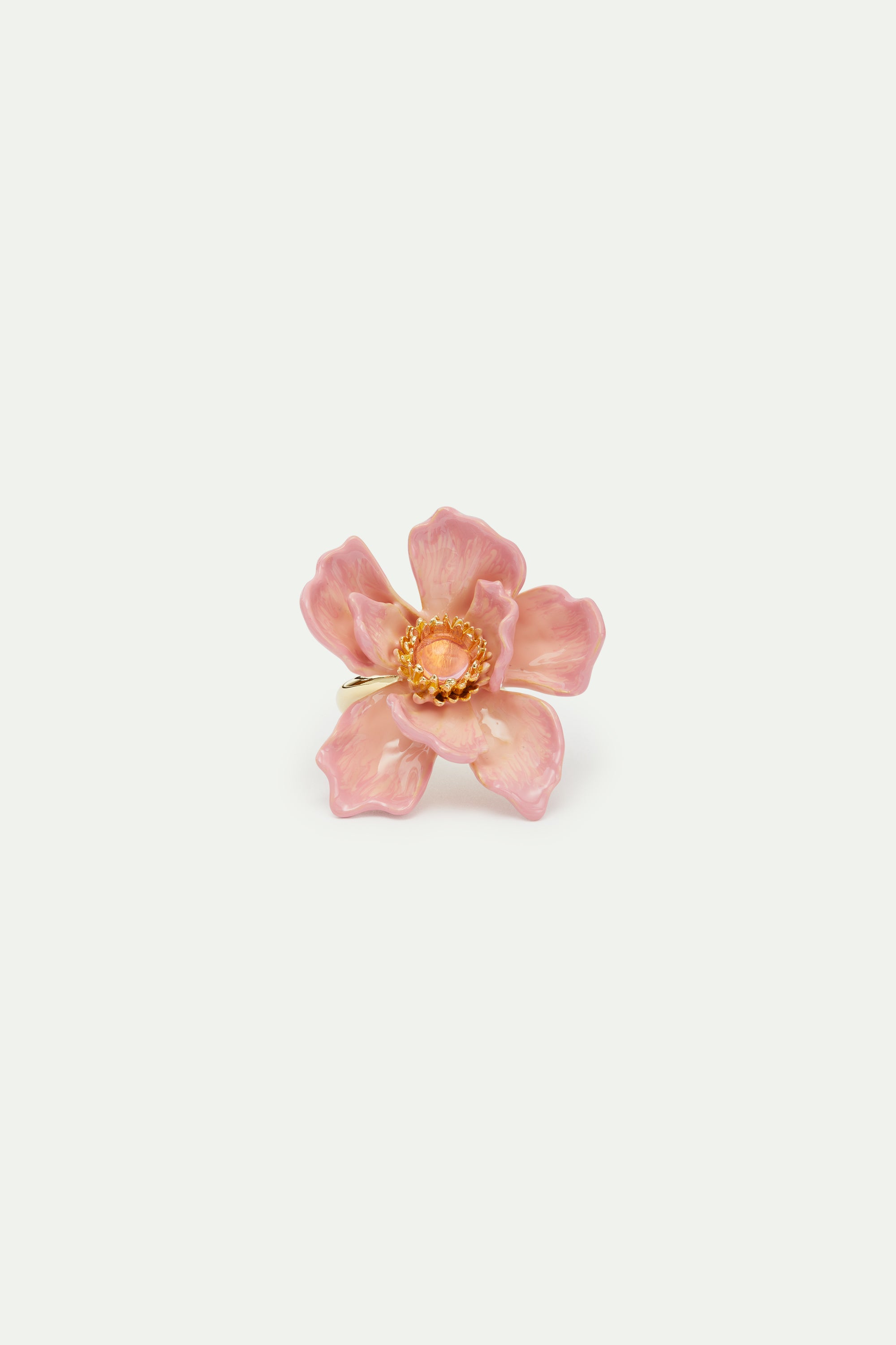 Anillo flor grande de magnolia rosa y cabujón de cristal