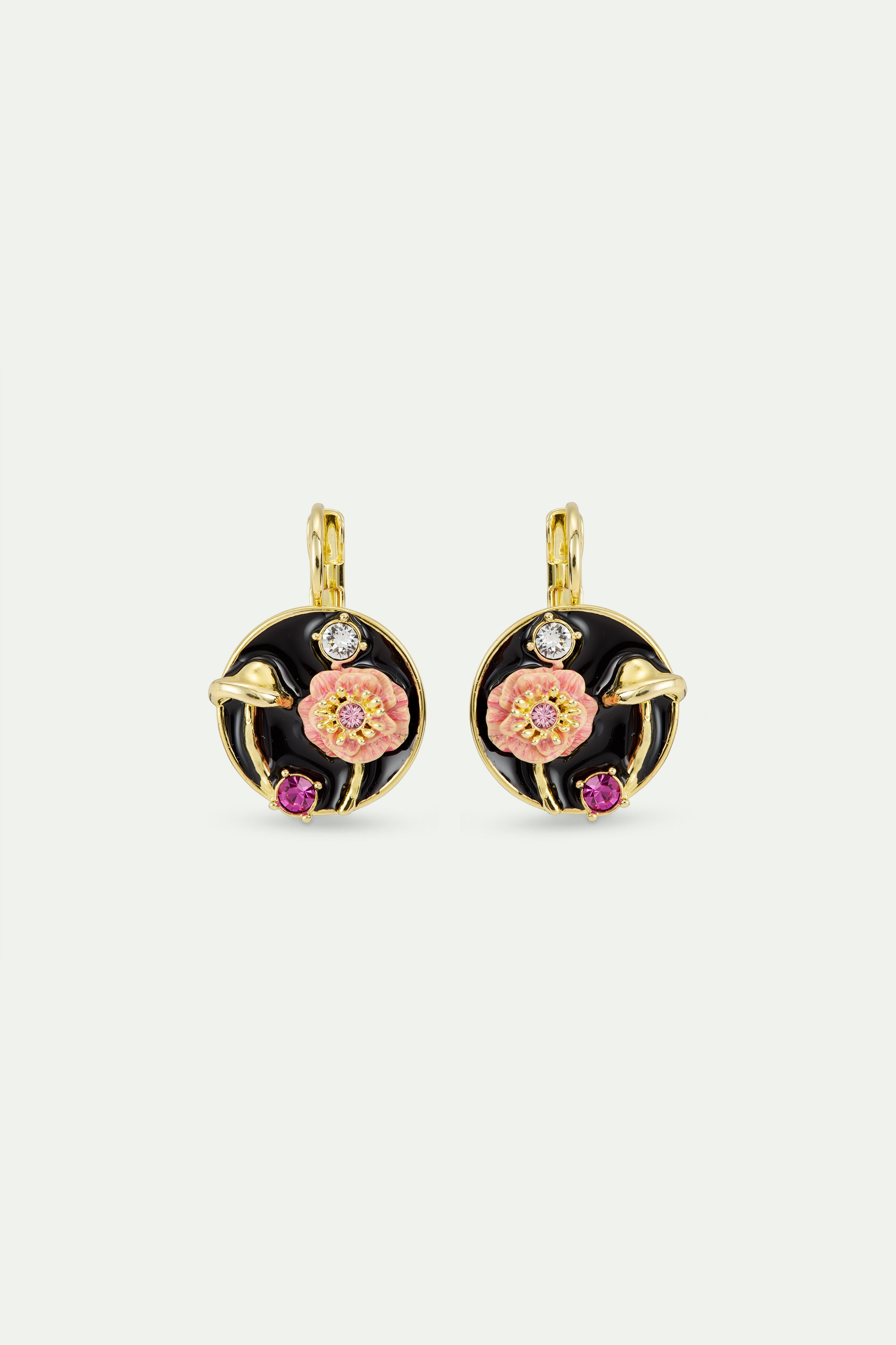 Black medallion clip-on earrings with mushroom, anemone and crystals