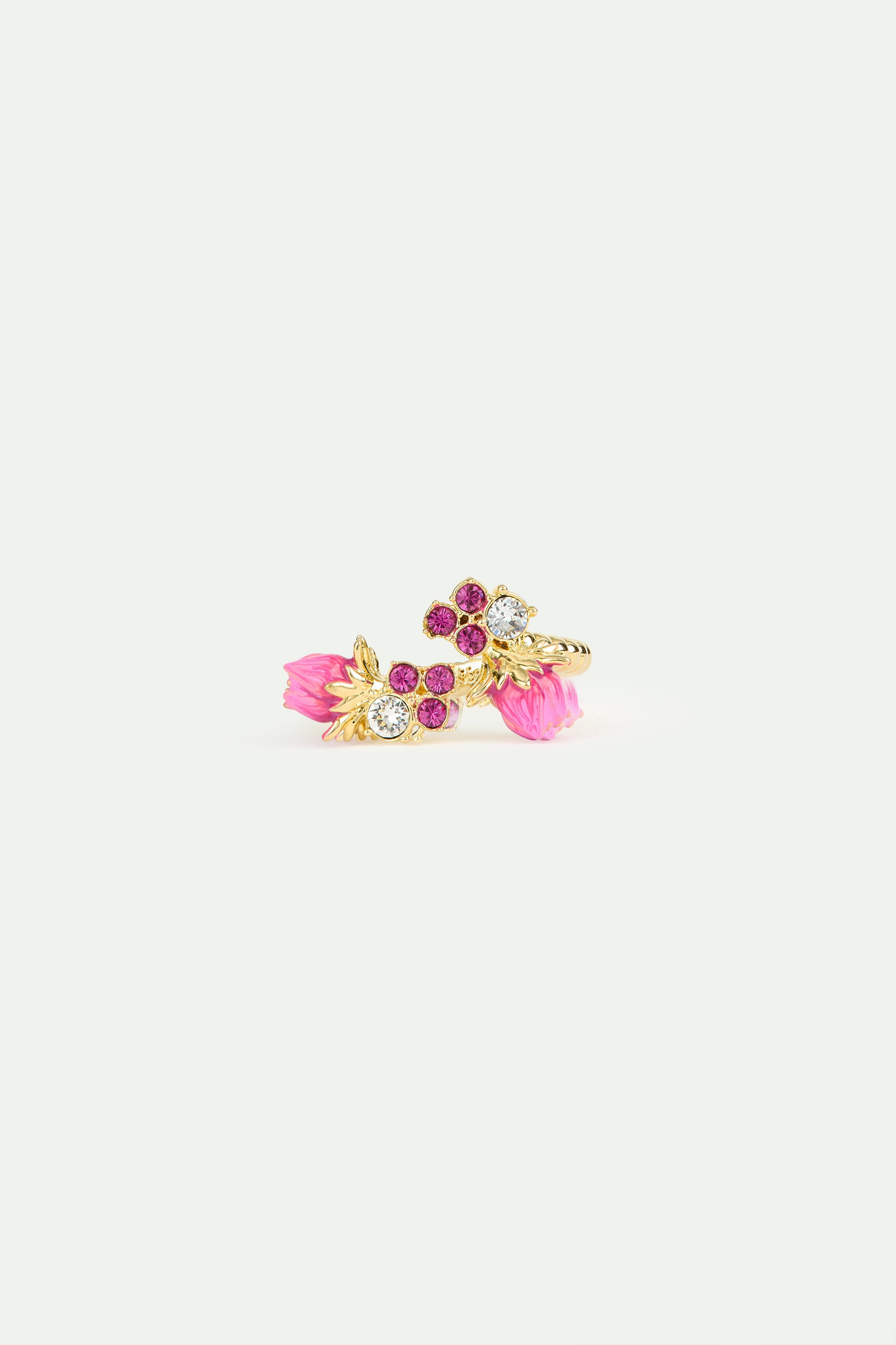 Anillo ajustable botones de rosa y cristales facetados rosas