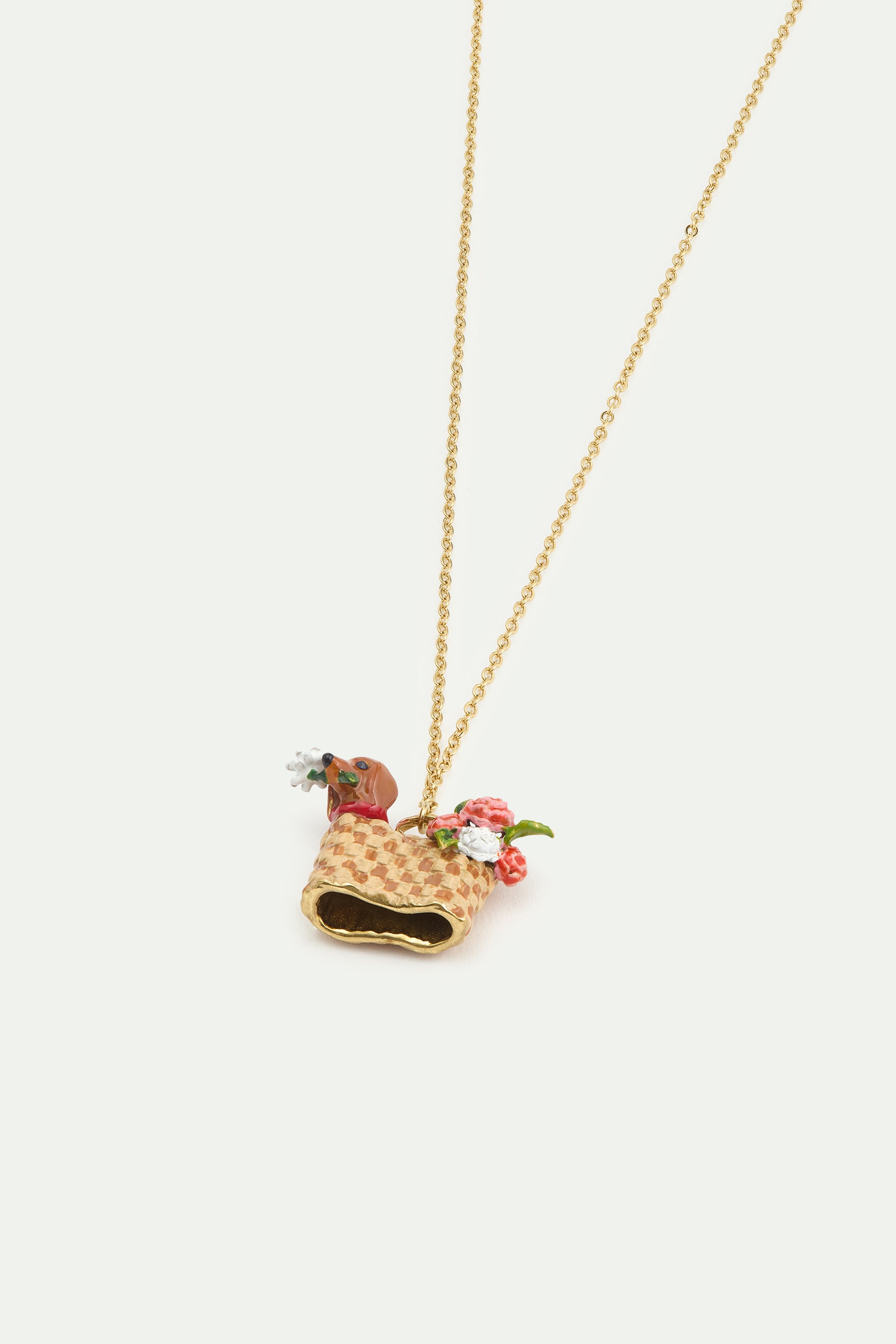 Basket, dachshund and flower pendant necklace