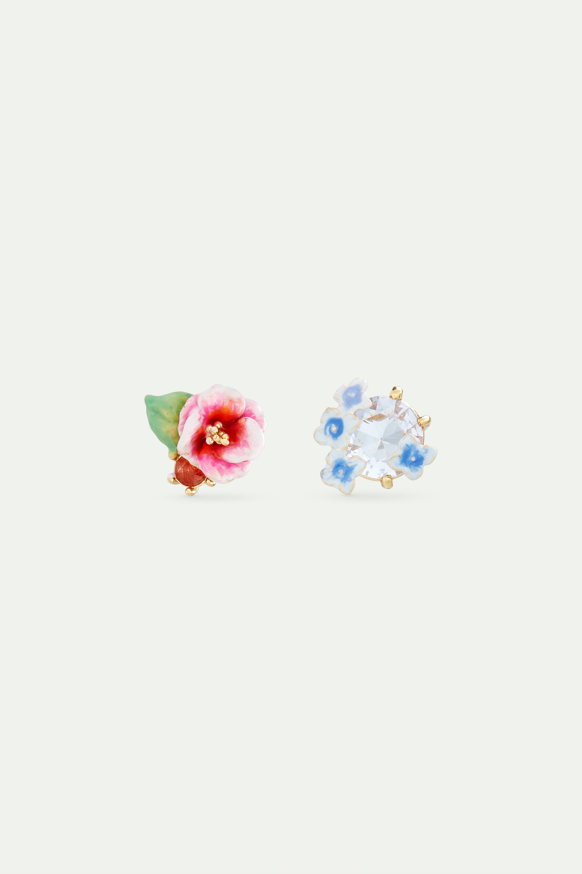 Asymmetrical enamelled hydrangea flower and lavender-coloured round stone earrings