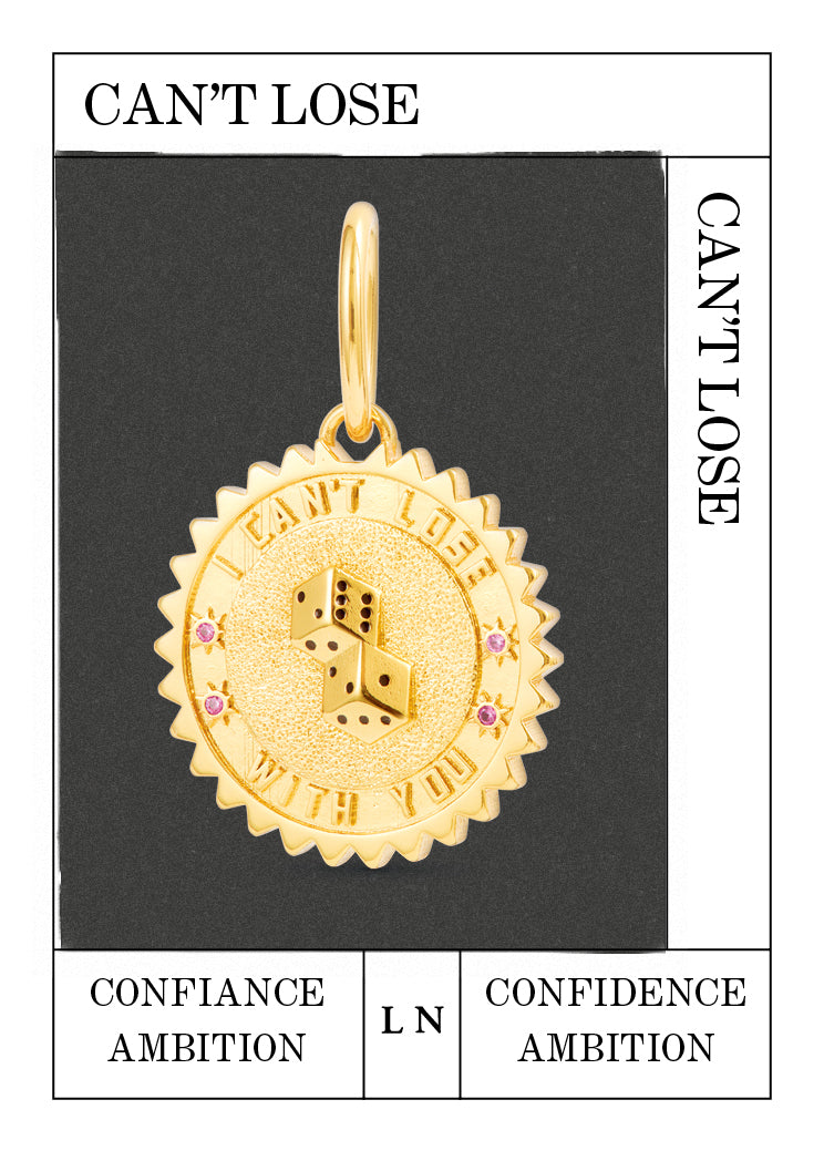 Golden dice-throwing pendant 'Can't lose', Confidence and Ambition
