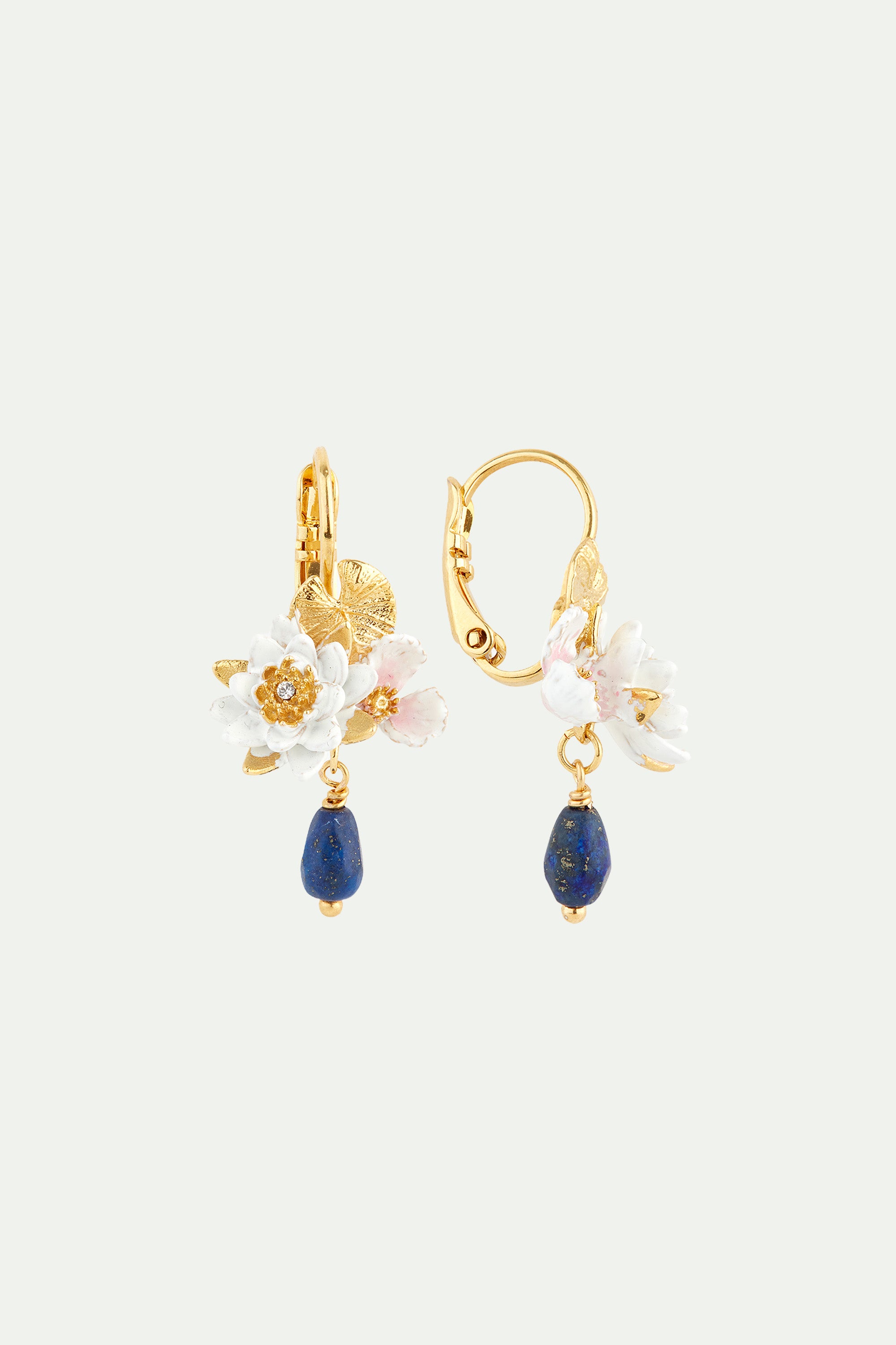 White water lily and lapis lazuli sleeper earrings