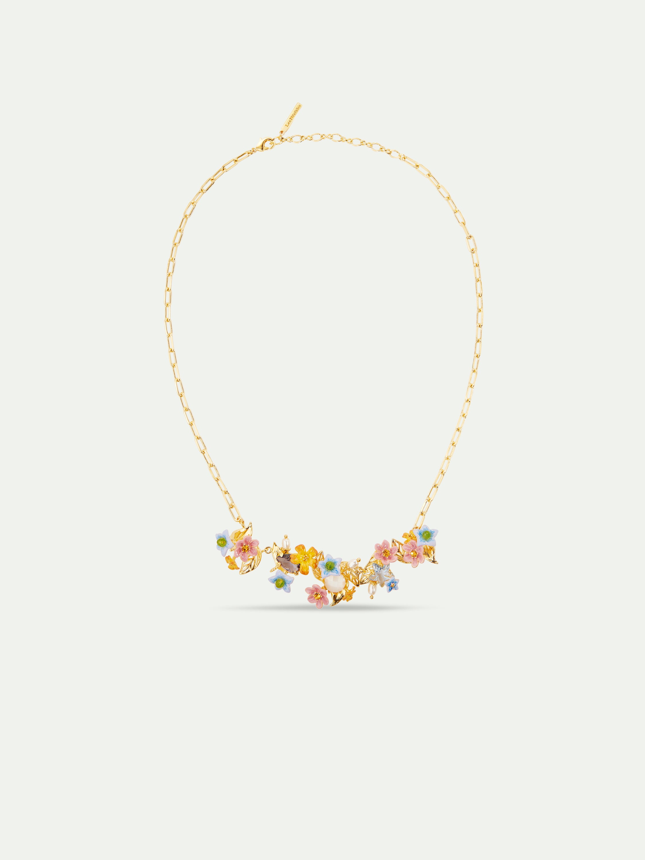 Colourful jasmine flower, faceted stone and glass pearl bead Statement necklace