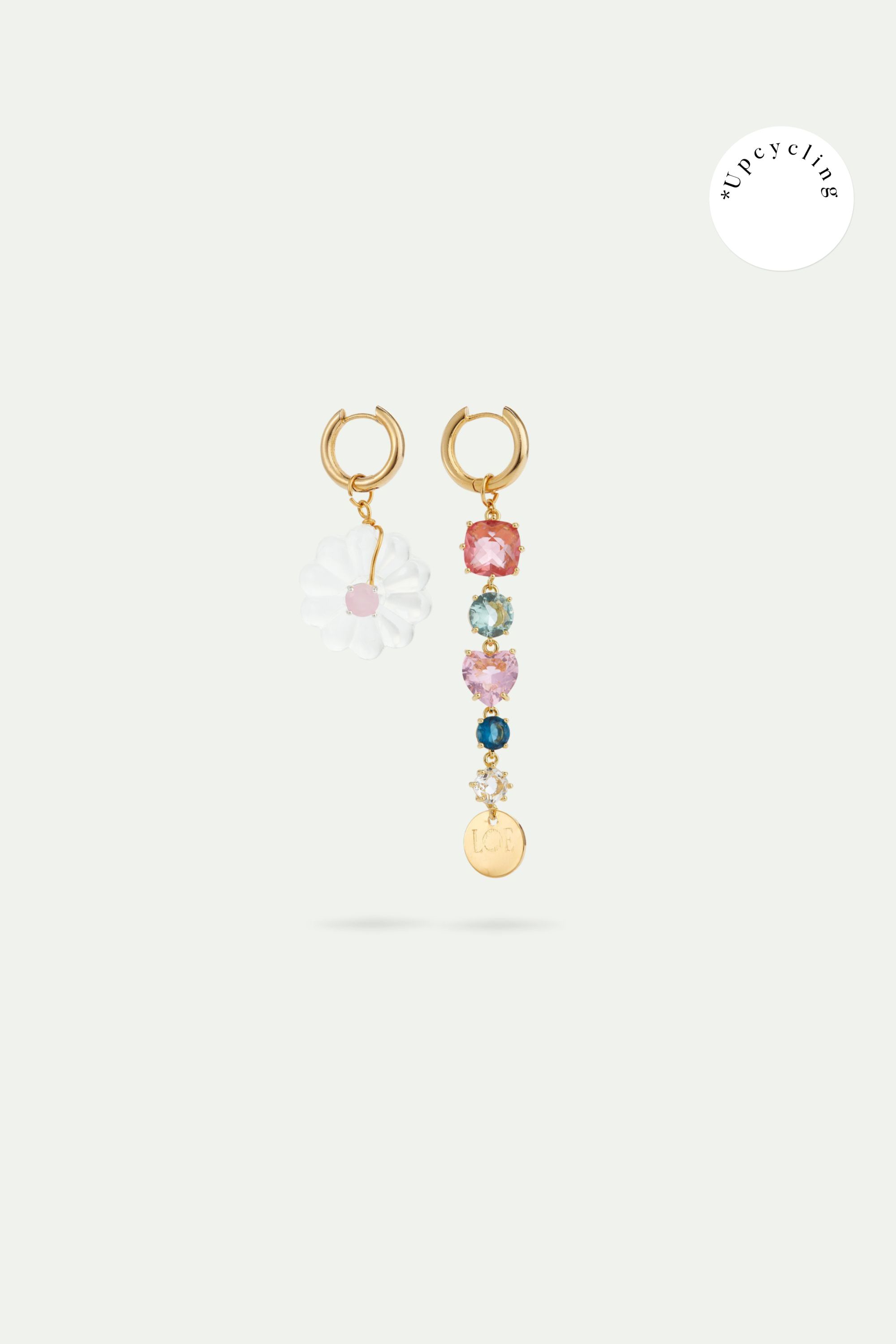 Asymmetrical faceted colourful stones and white flower hoop earrings