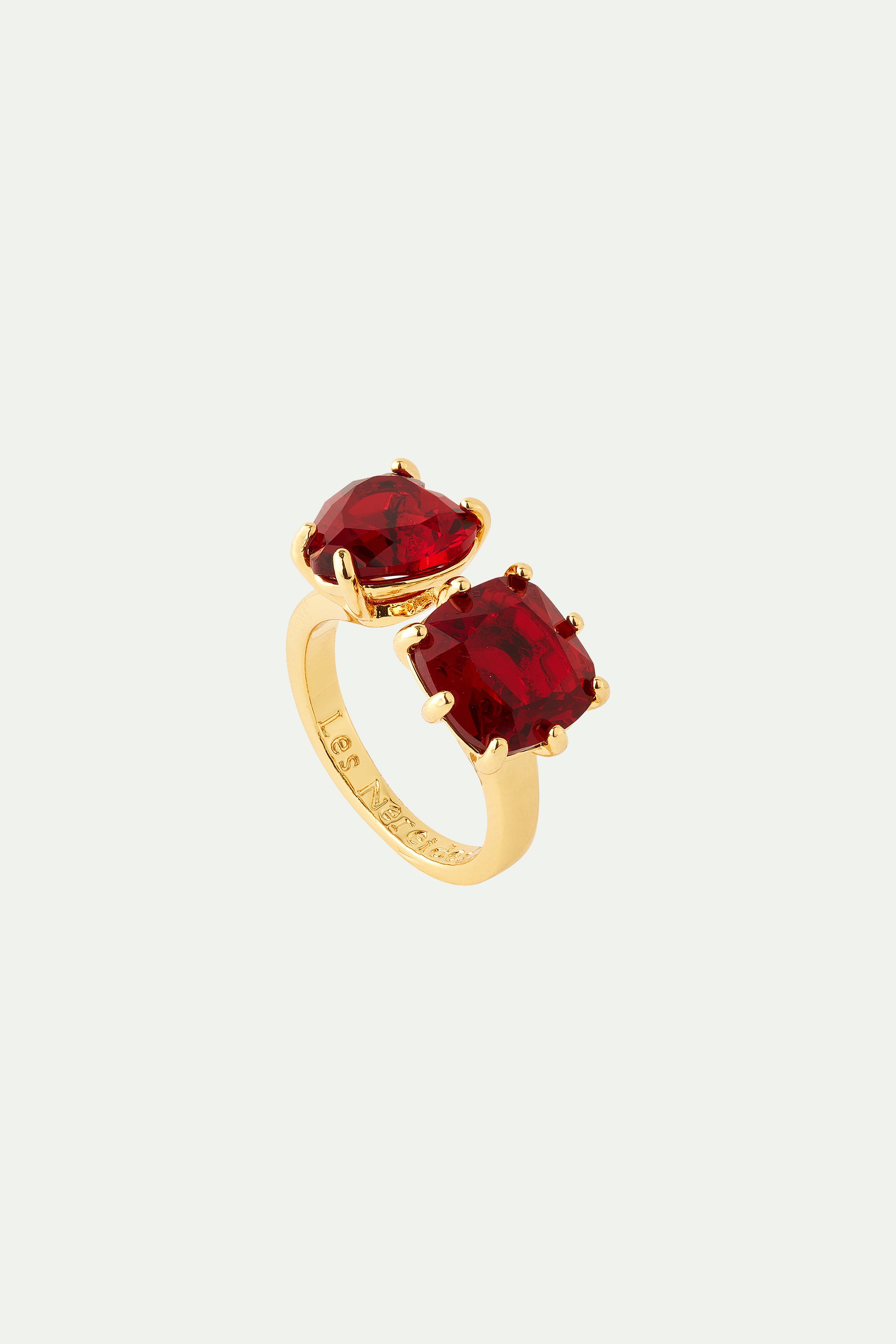 Garnet red diamantine heart and square stone You and me adjustable ring