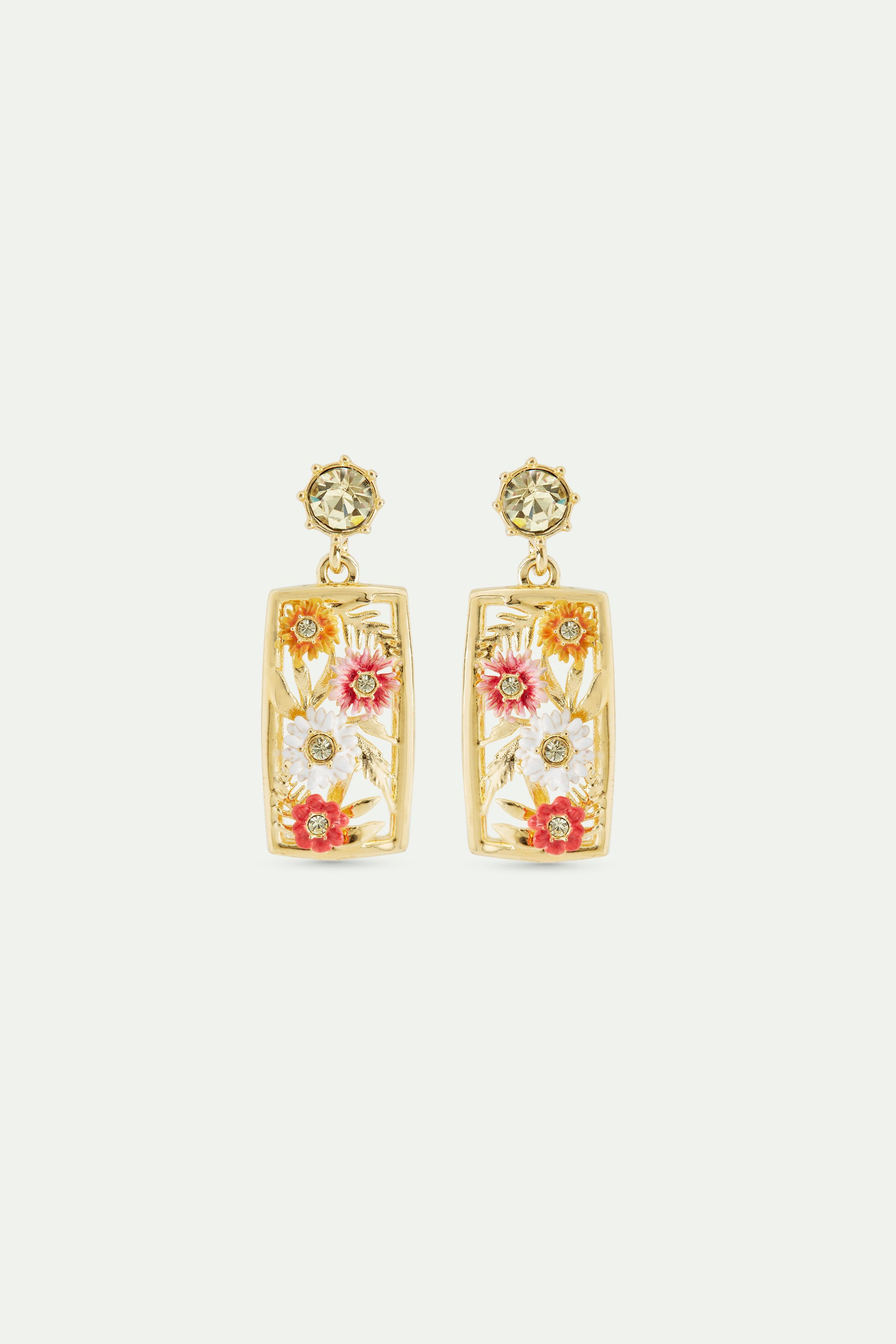 Pendientes bolitas calados dorados con zinnias y cristal amarillo facetado