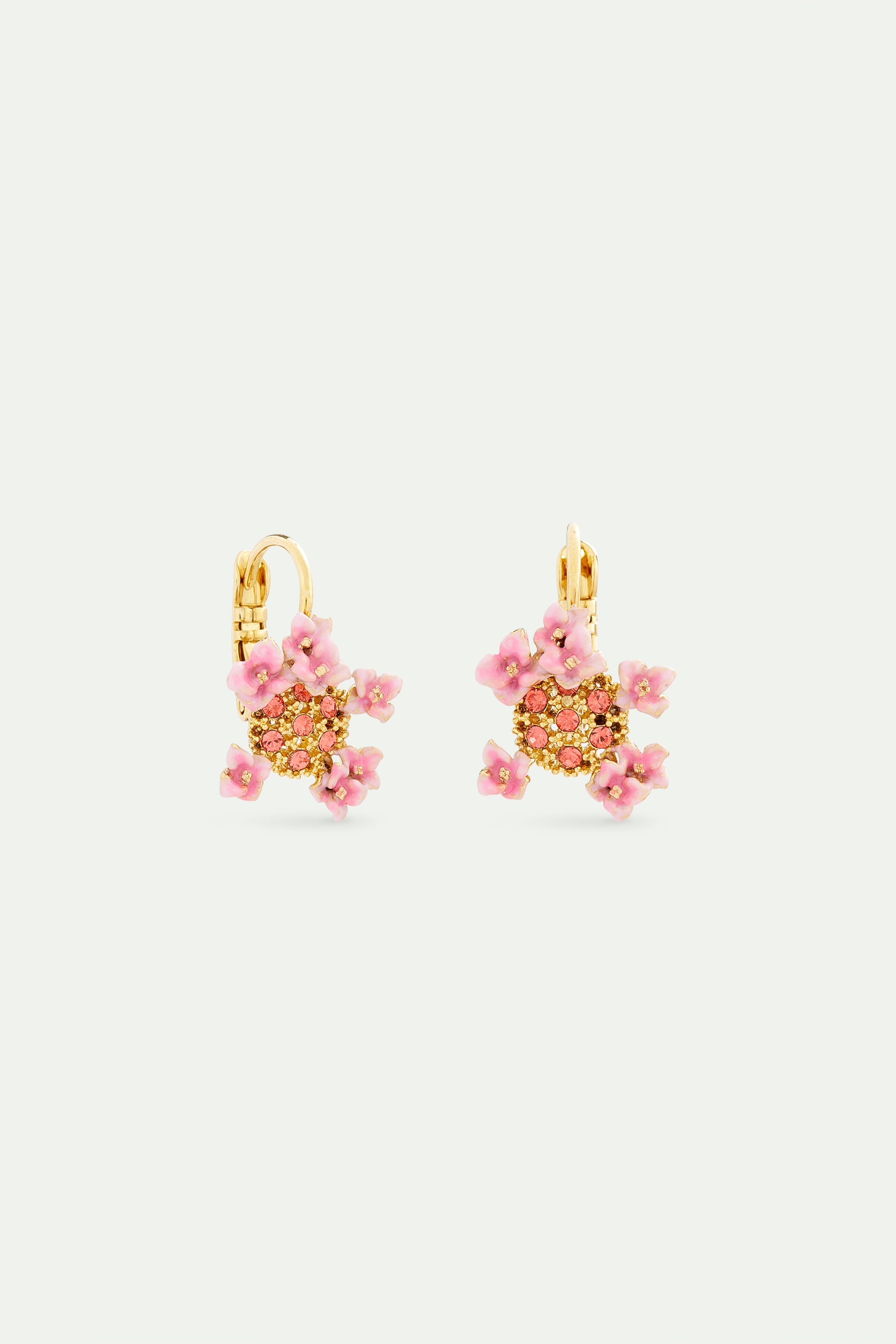 Sleeper earrings with pink and gold crystals and hydrangea flowers