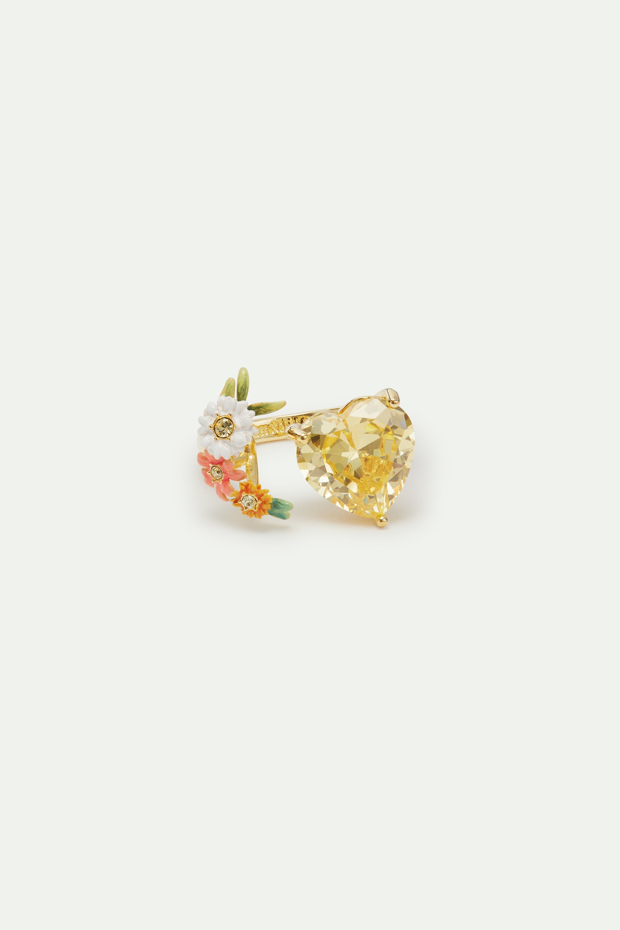 Anillo ajustable corazón amarillo y flores de zinnias y margaritas